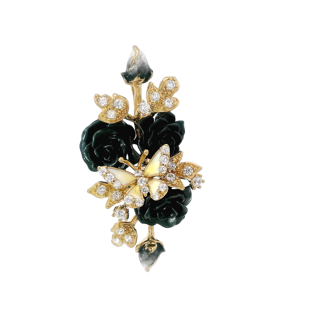 925YG FLOWERS ENAMEL BLACK AND BUTTERFLY ENAMEL WHITE PENDANT