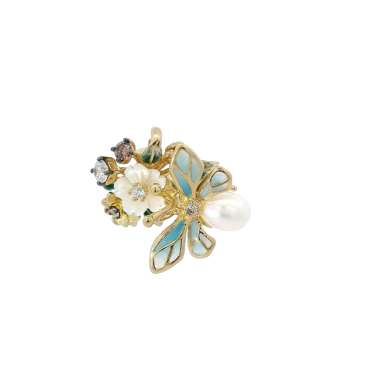 925YG BEE PEARL ENAMEL SKY BLUE AND MINI FLOWERS PENDANT