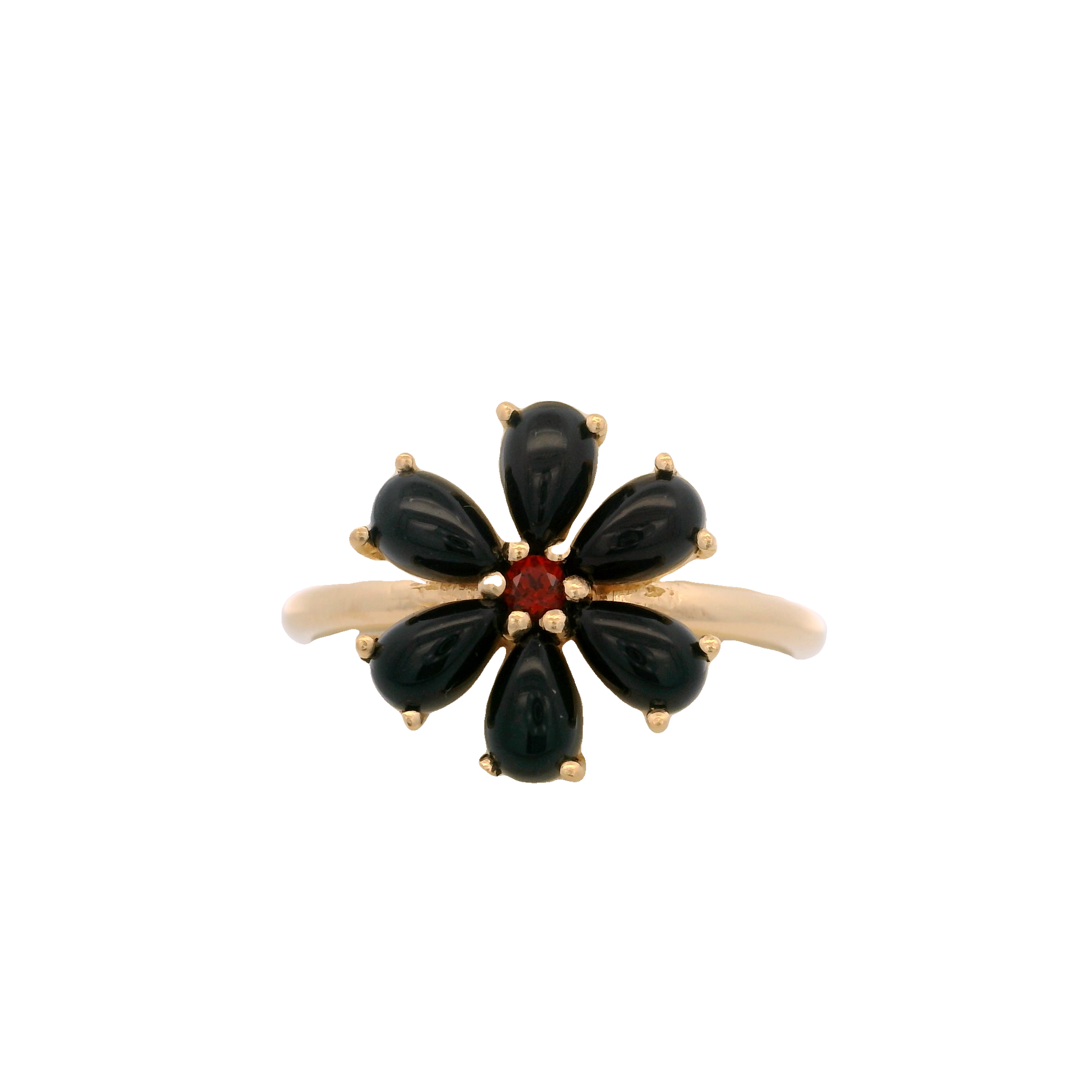 925YG FLOWER 12MM ONYX BLACK CENTER GARNET RING T6.5