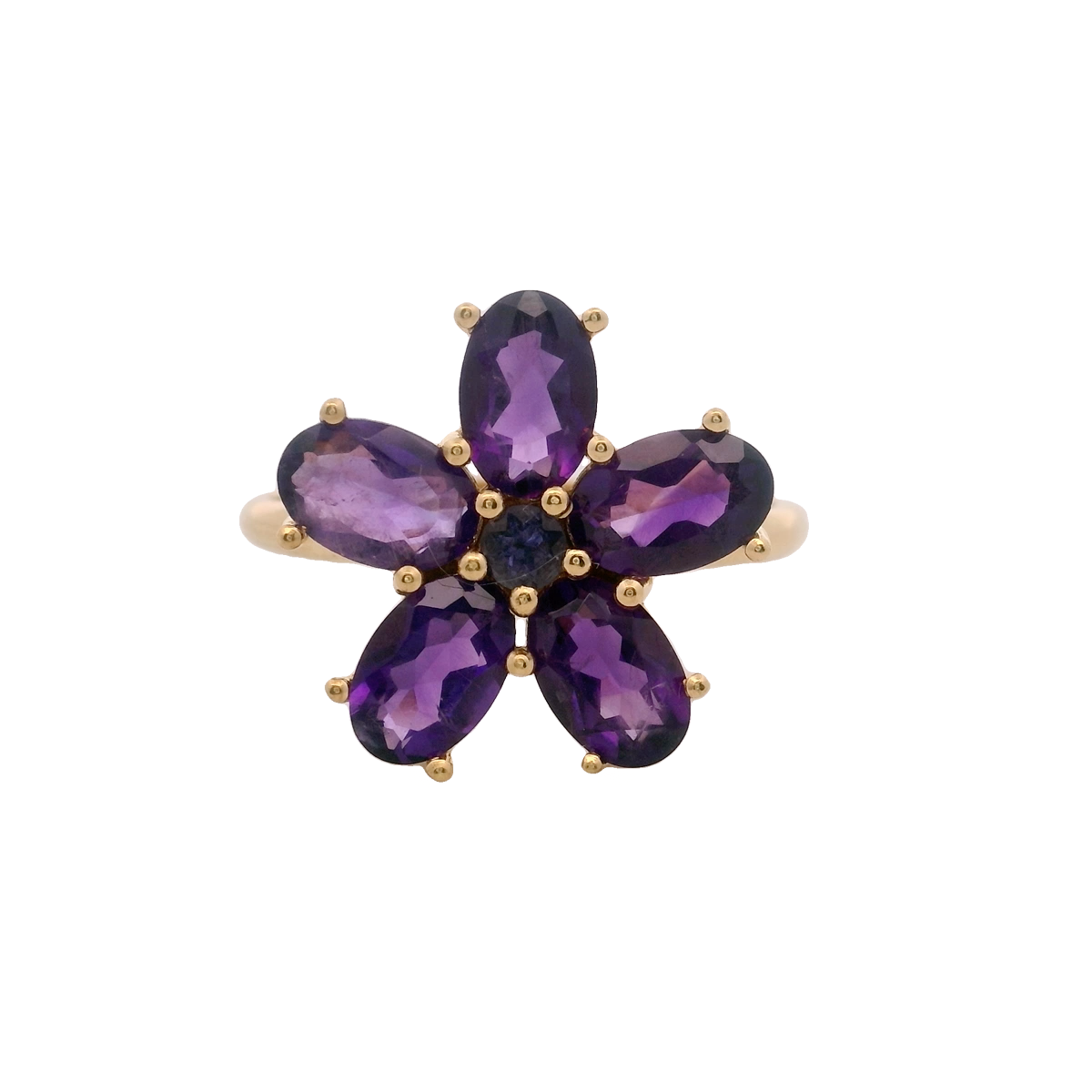 925YG FLOWER 14MM AMETHYST CENTER IOLITE RING T6.5