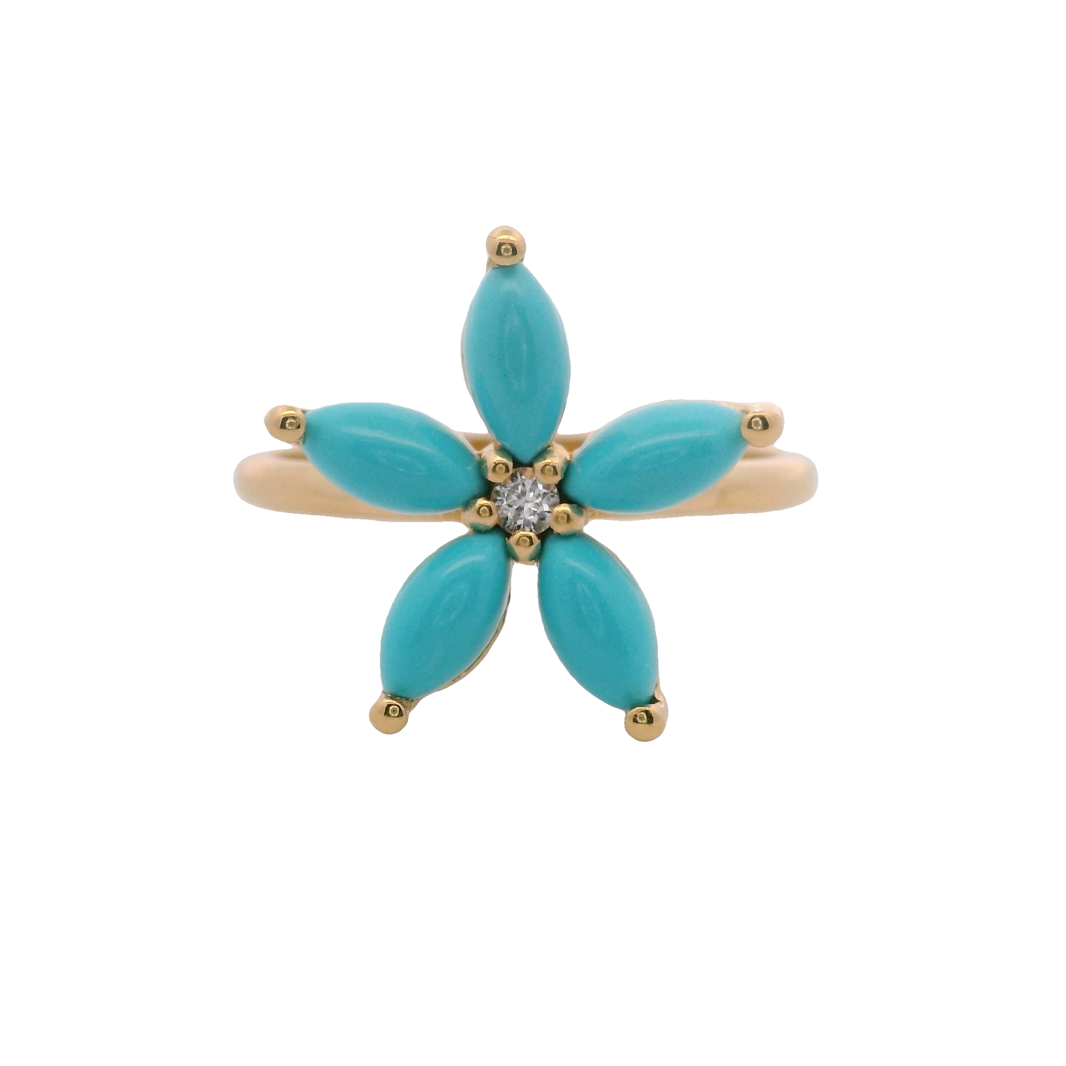 925YG FLOWER 15MM TURQUOISE SYN CENTER TOPAZ WHITE RING T6.5