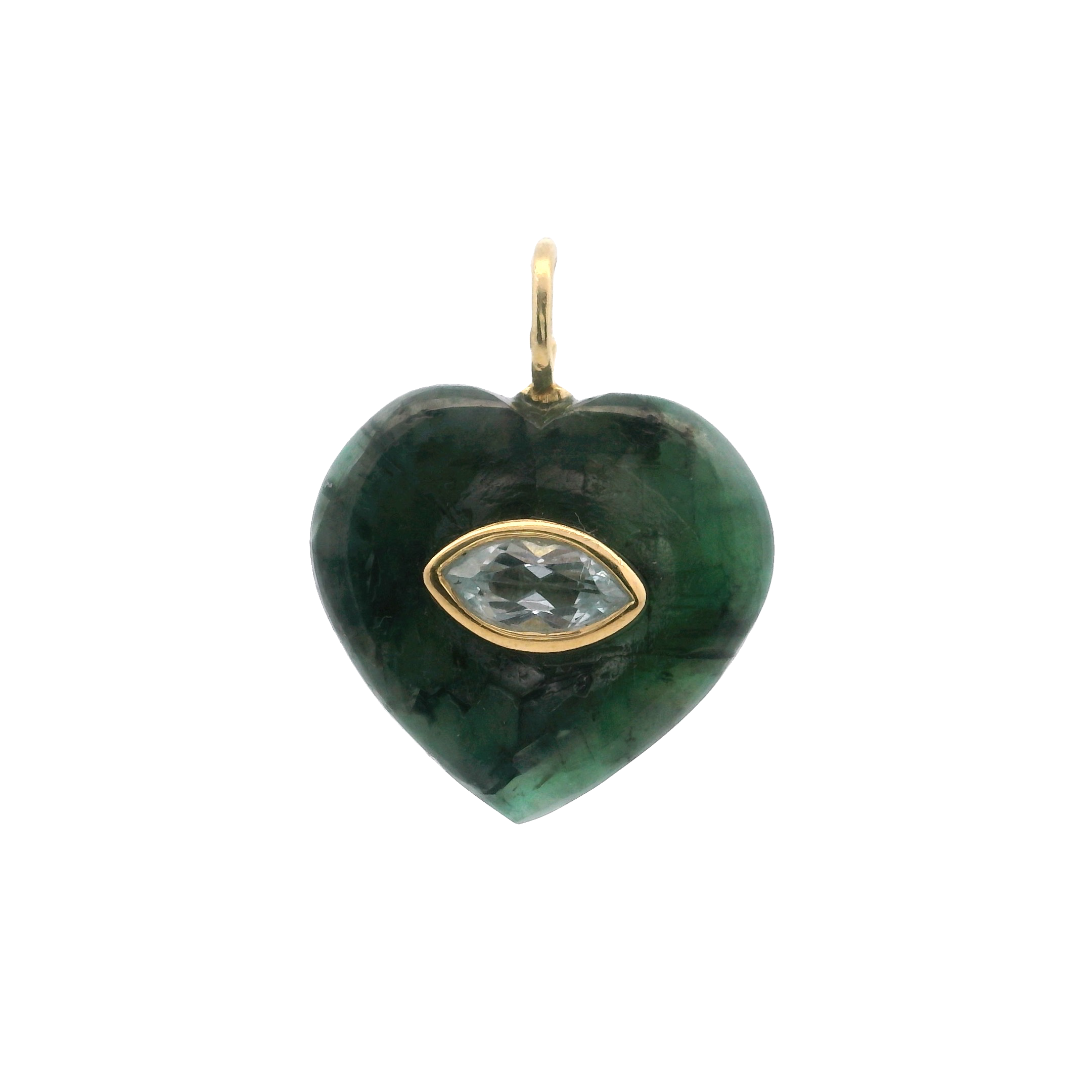 925YG HEART RAW EMERALD CENTER TOPAZ WHITE CHARM