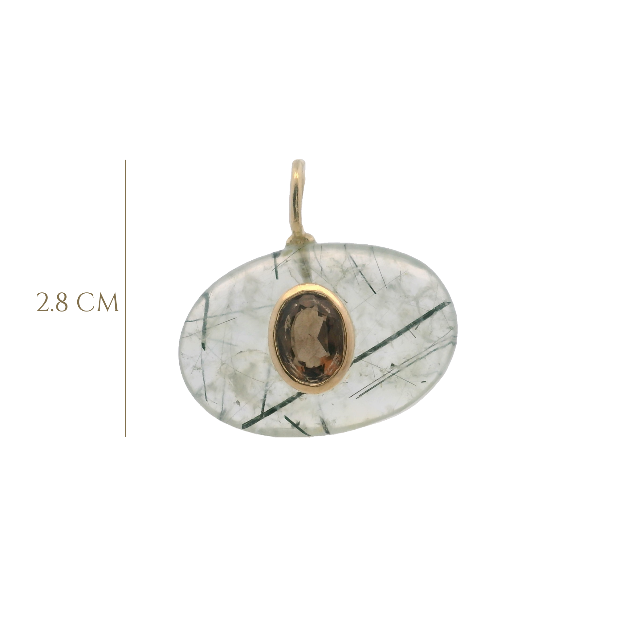 925YG OVAL RUTILATED QUARTZ CENTER SMOKY QUARTZ CHARM