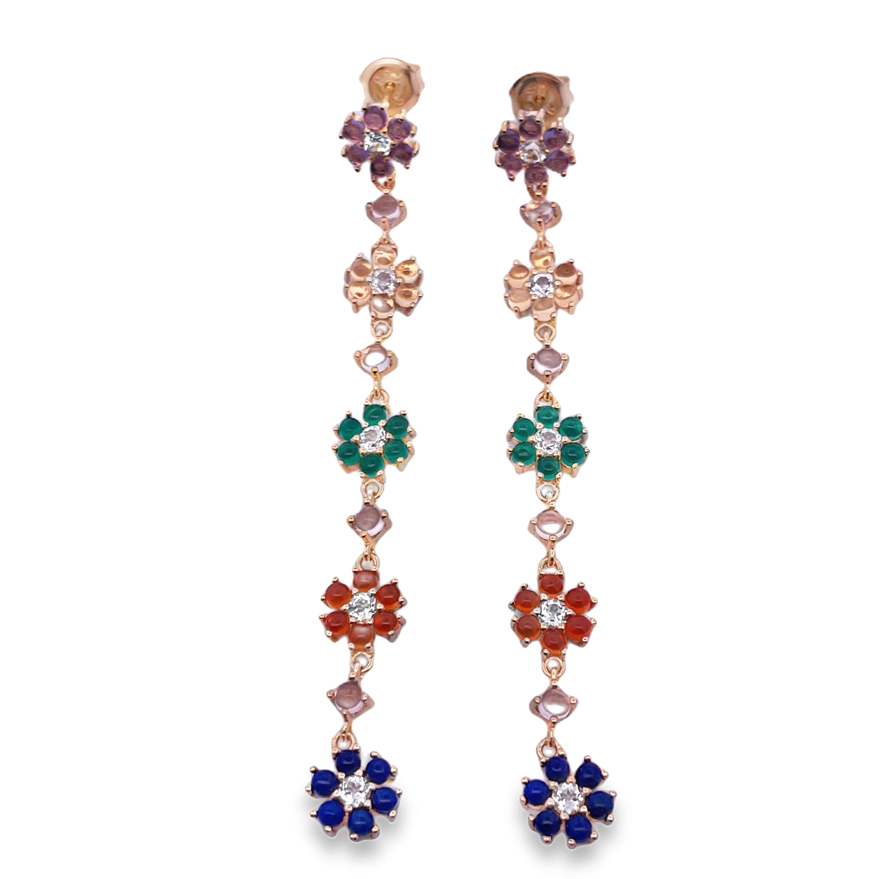 925YG DROP FIVE FLOWER 7MM AMETHYST CITRINE ONYX GREEN ONYX RED LAPIS EARRINGS