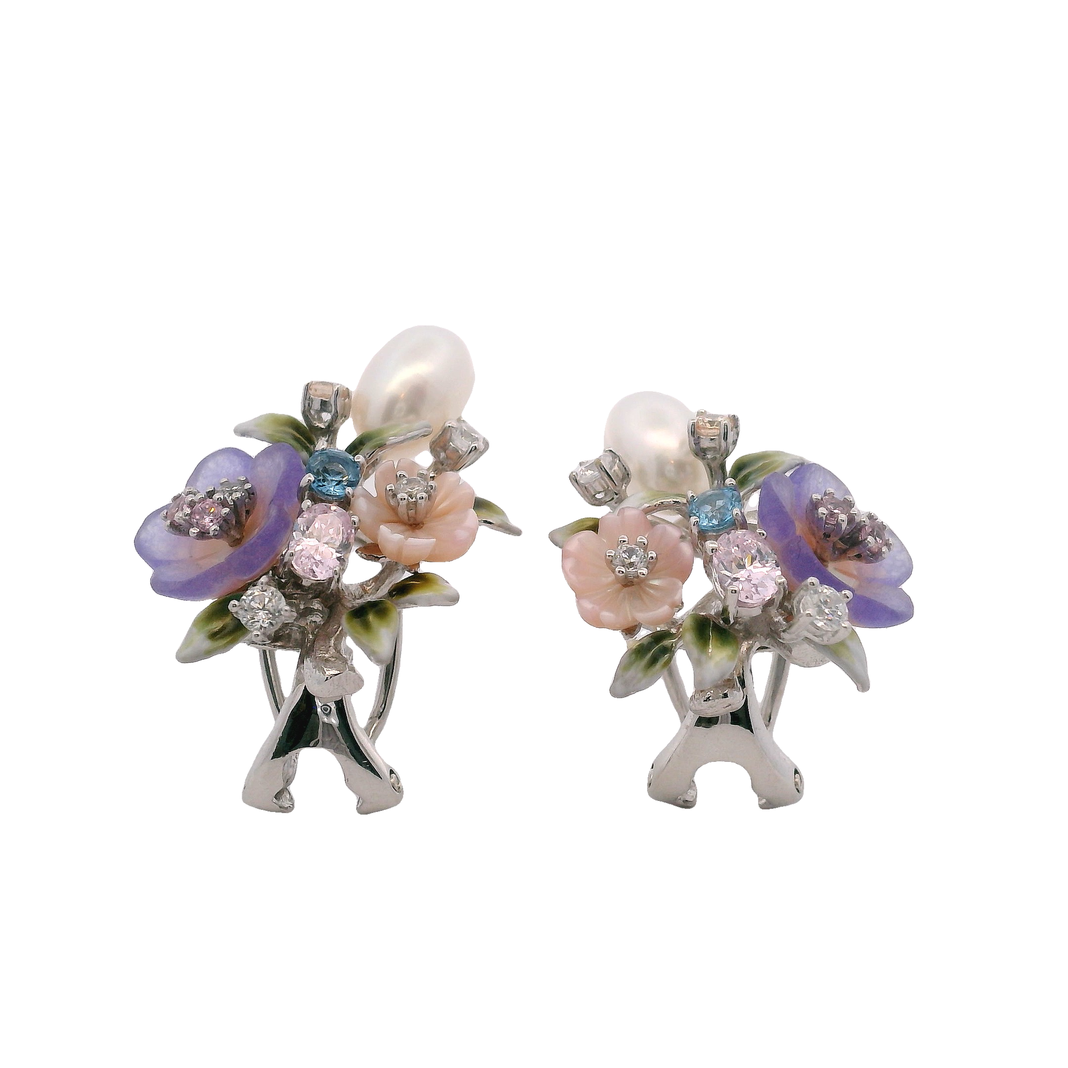 925SL CLUSTER FLOWERS PURPLE AND MIX STONE EARRINGS