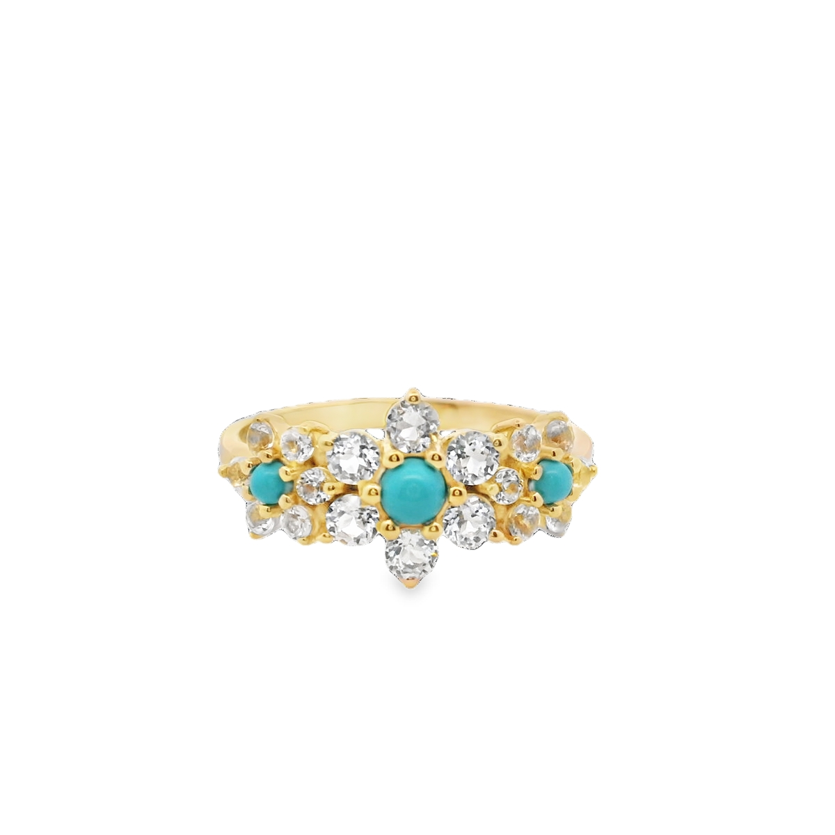 925YG TRIPLE FOWER TURQUOISE SYN CENTER TOPAZ WHITE RING T6.5