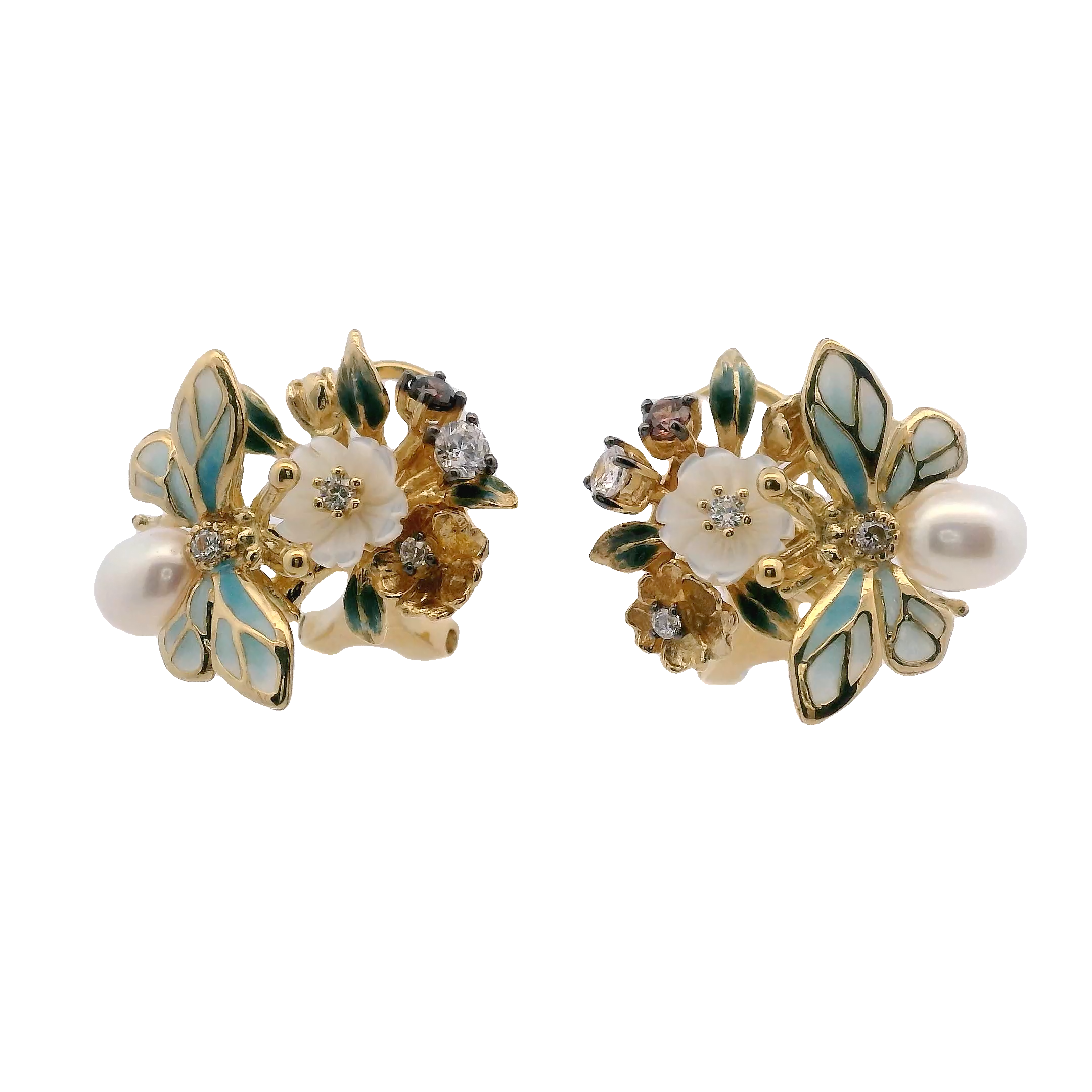 925YG BEE PEARL ENAMEL SKY BLUE AND MINI FLOWERS EARRINGS