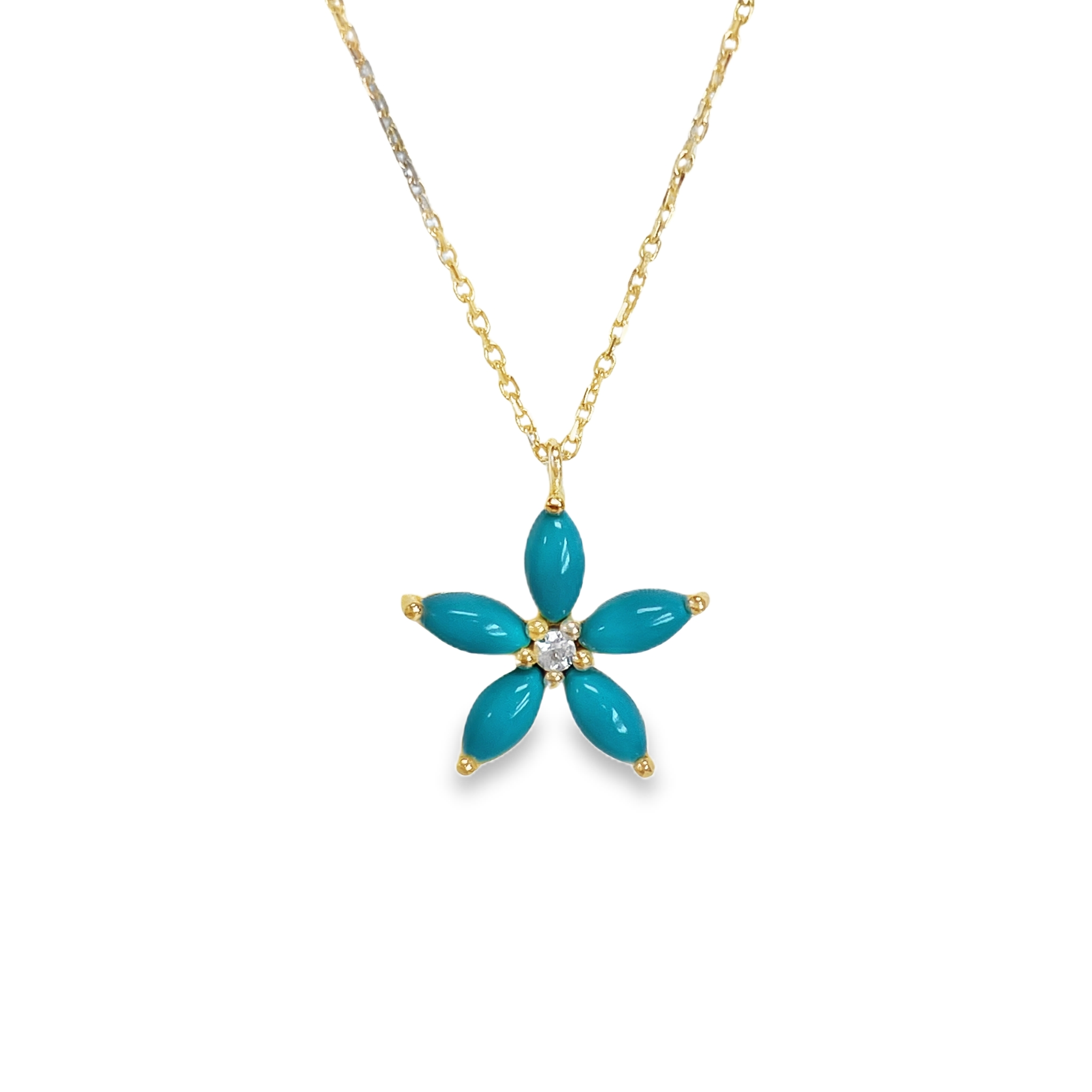 925YG FLOWER 15MM TURQUOISE SYN CENTER TOPAZ WHITE NECKLACE