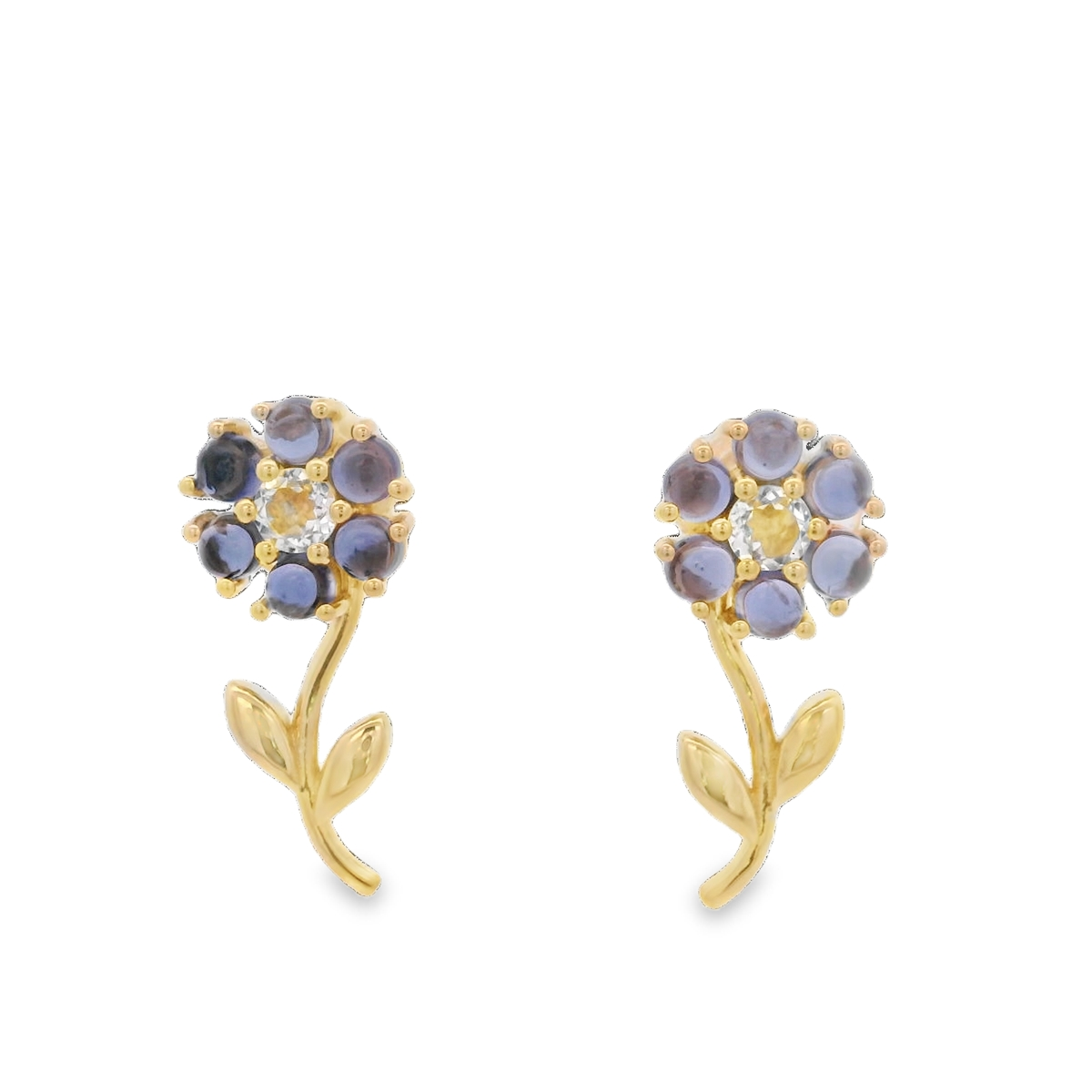 925YG FLOWER 8MM REMOVABLE STEM IOLITE CENTER TOPAZ WHITE EARRINGS
