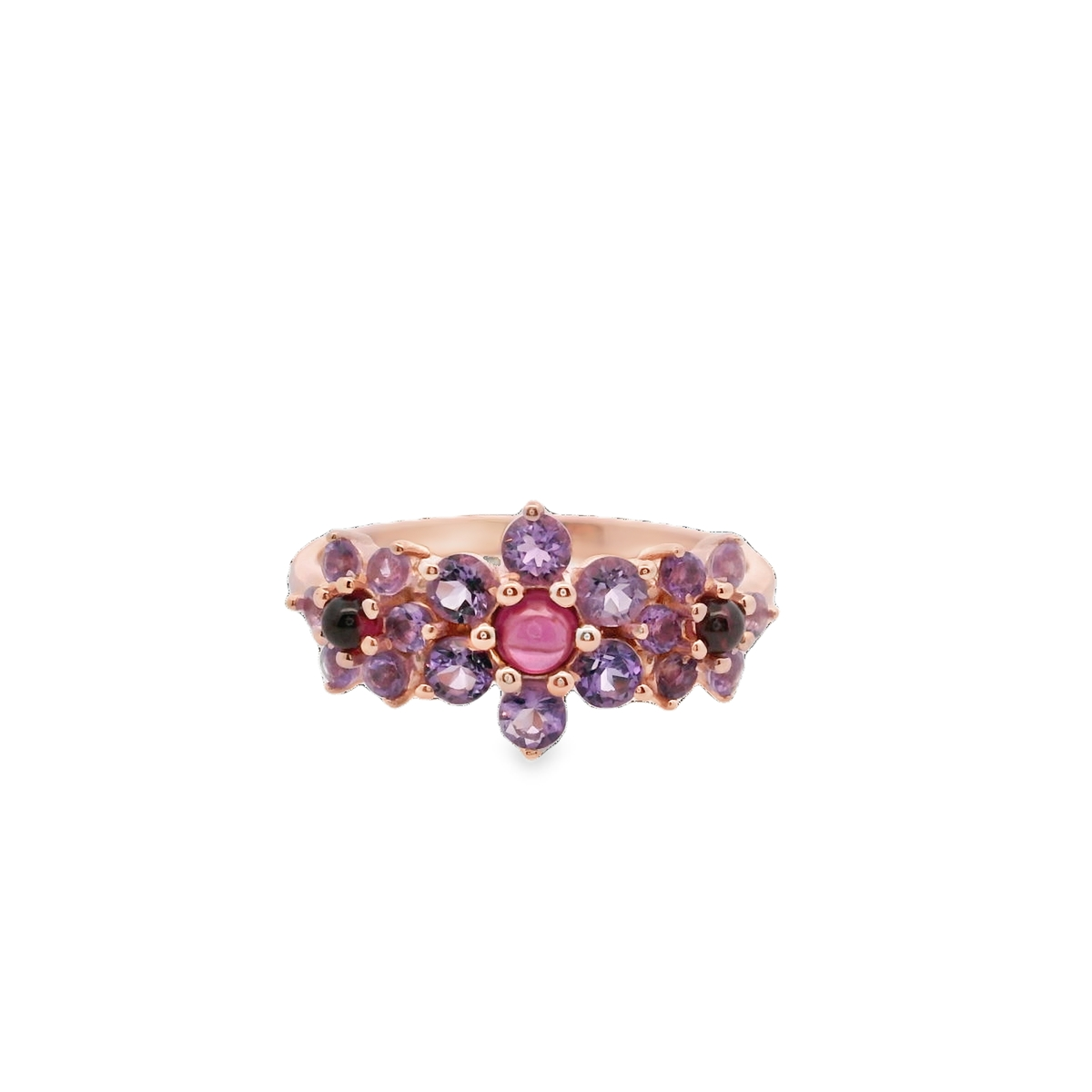 925RG TRIPLE FOWER AMETHYST CENTER GARNET RING T6.5