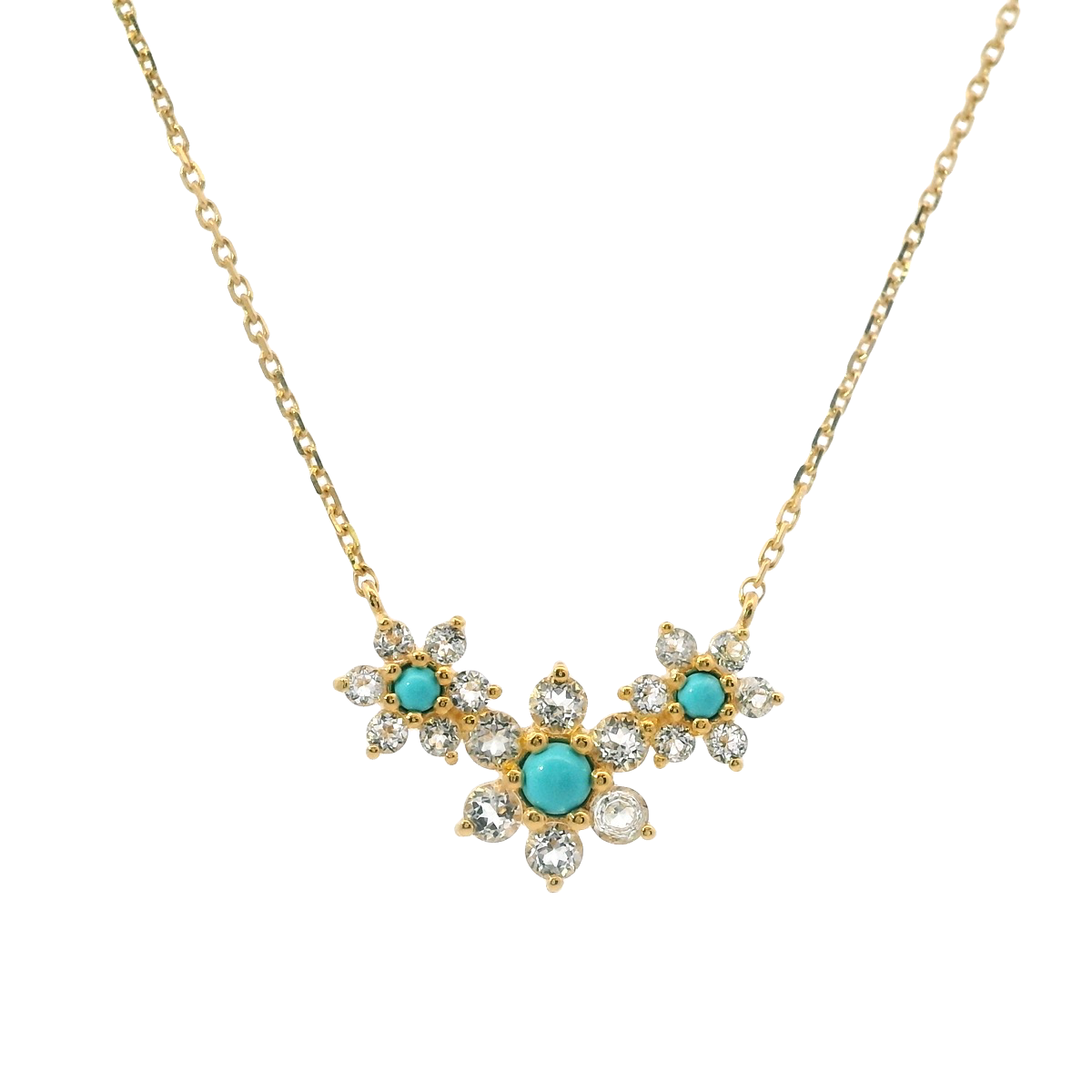 925YG TRIPLE FLOWER CENTER 11MM TURQUOISE SYN CENTER TOPAZ WHITE NECKLACE