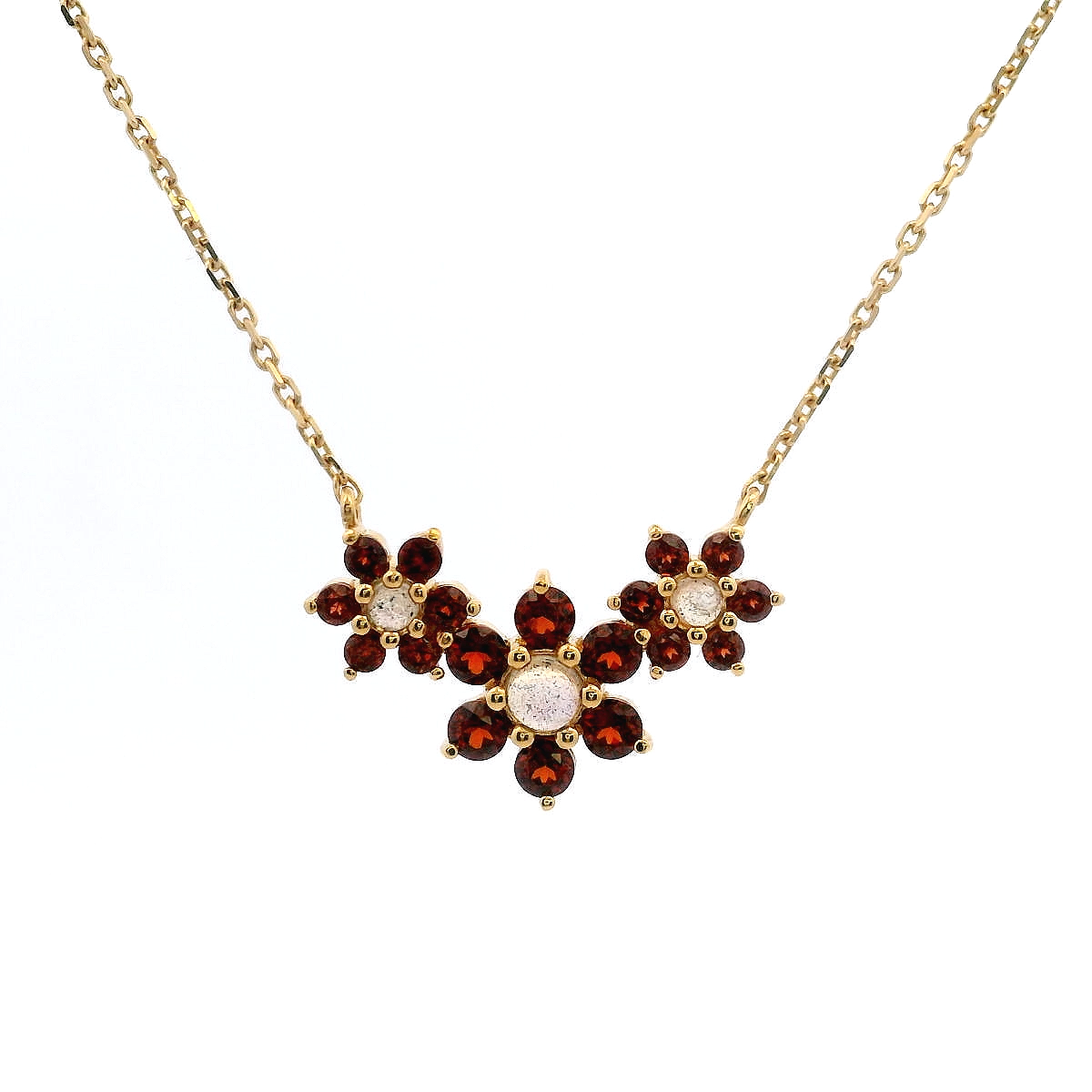 925YG TRIPLE FLOWER CENTER 11MM LABRADORITE CENTER GARNET NECKLACE