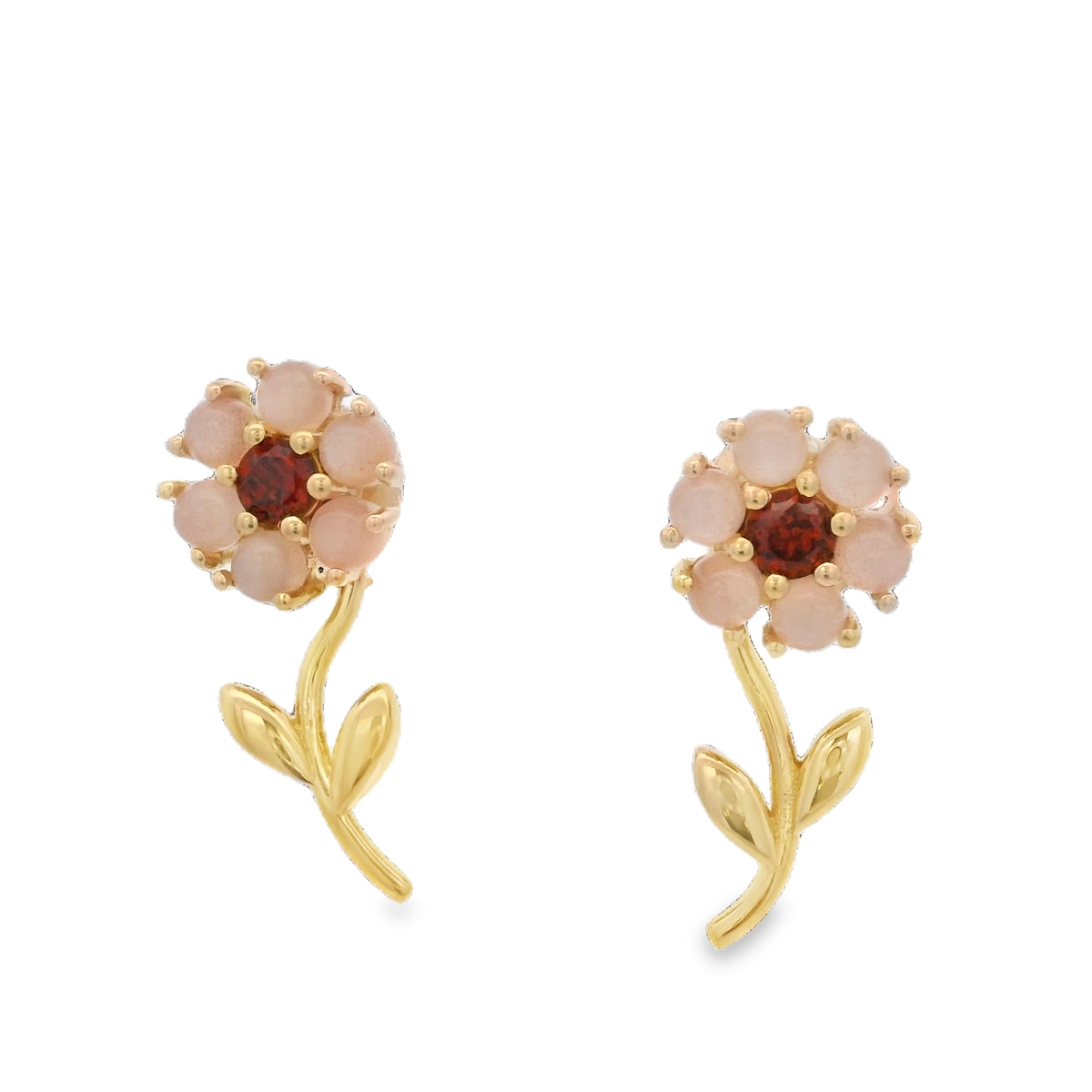 925YG FLOWER 8MM REMOVABLE STEM MOOSTONE CENTER GARNET EARRINGS