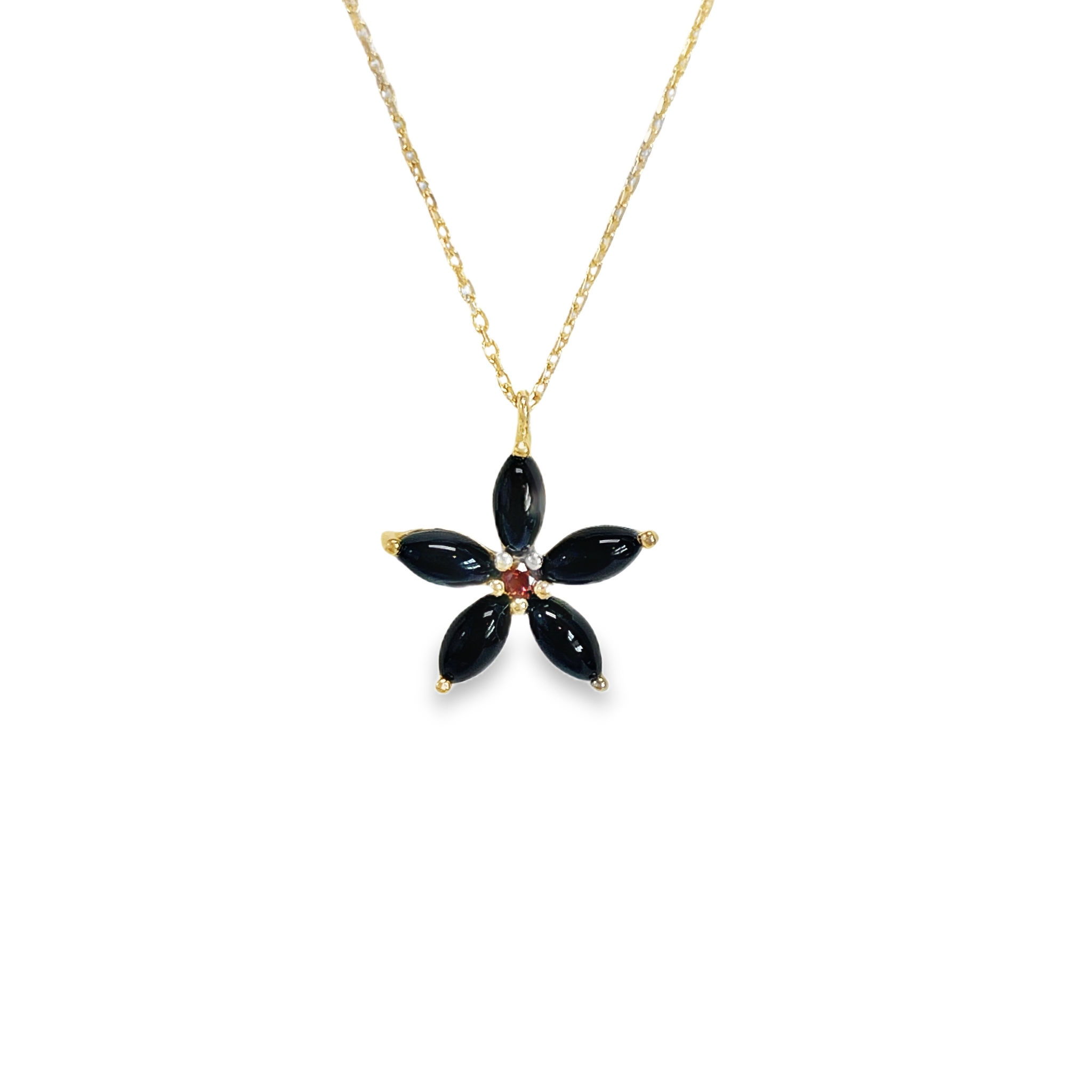 925YG FLOWER 15MM ONYX BLACK CENTER GARNET NECKLACE