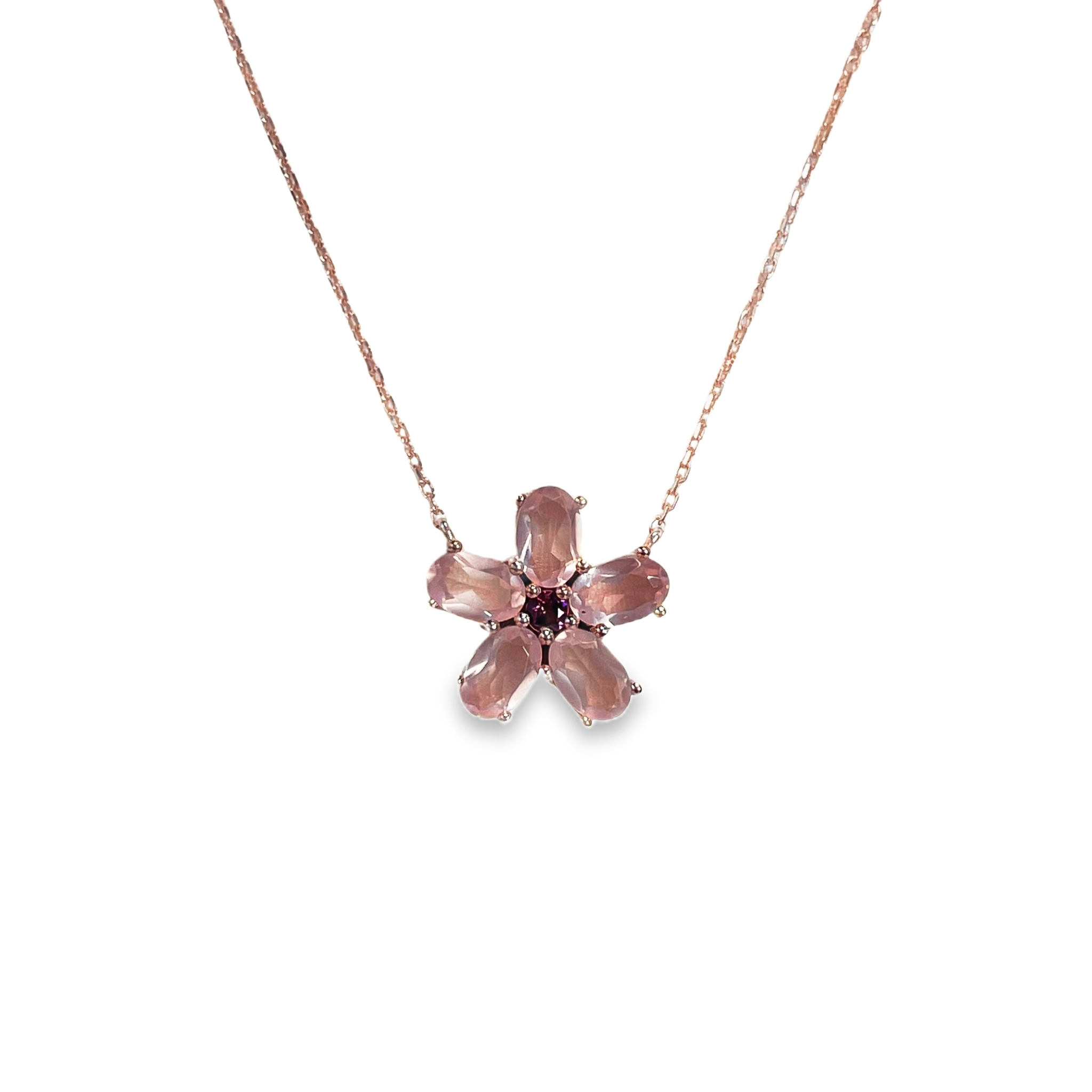 925RG FLOWER 14MM ROSE QUARTZ CENTER AMETHYST NECKLACE