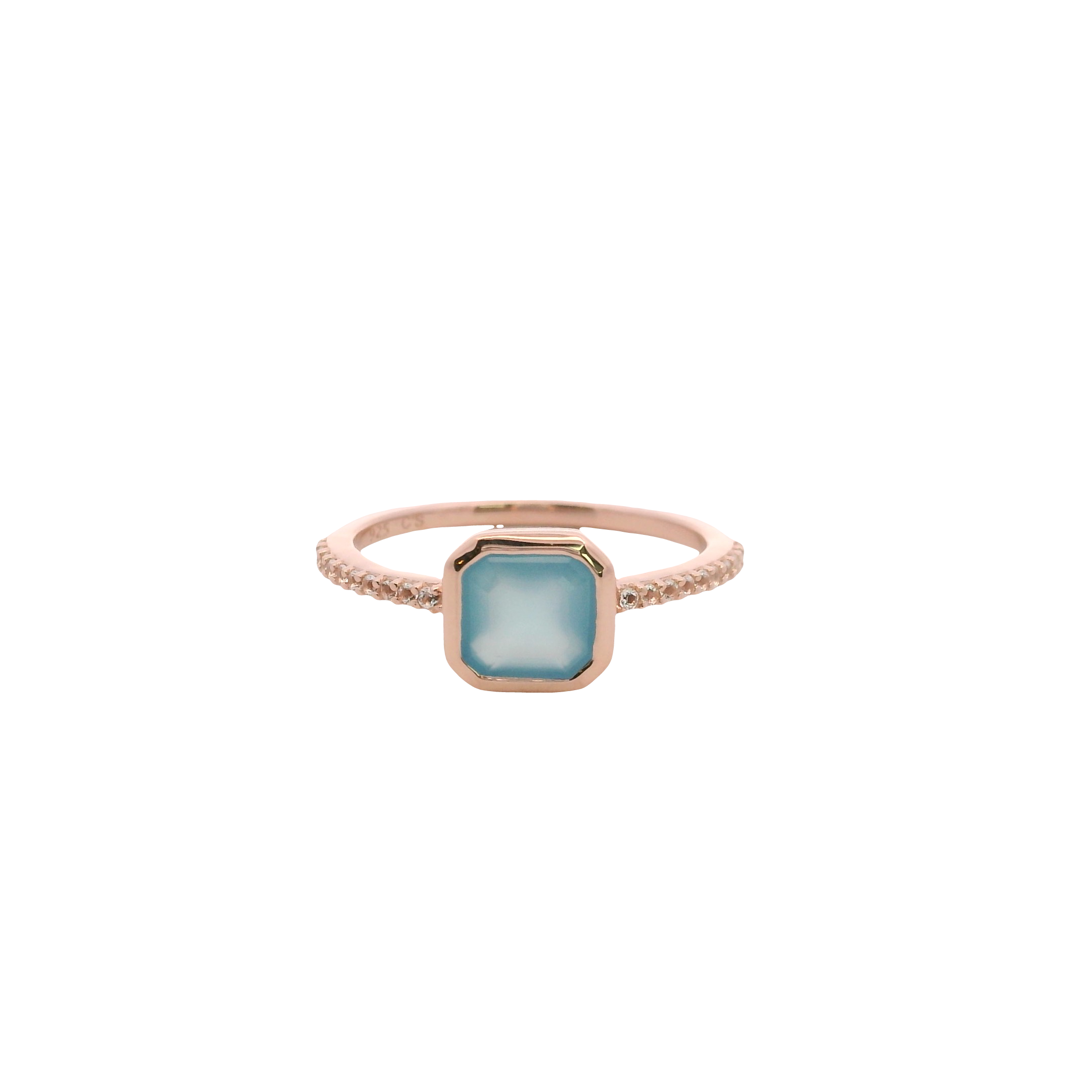 925RG CUSHION BEZEL CHALCEDONY BLUE AROUND TOPAZ WHITE RING T6.5