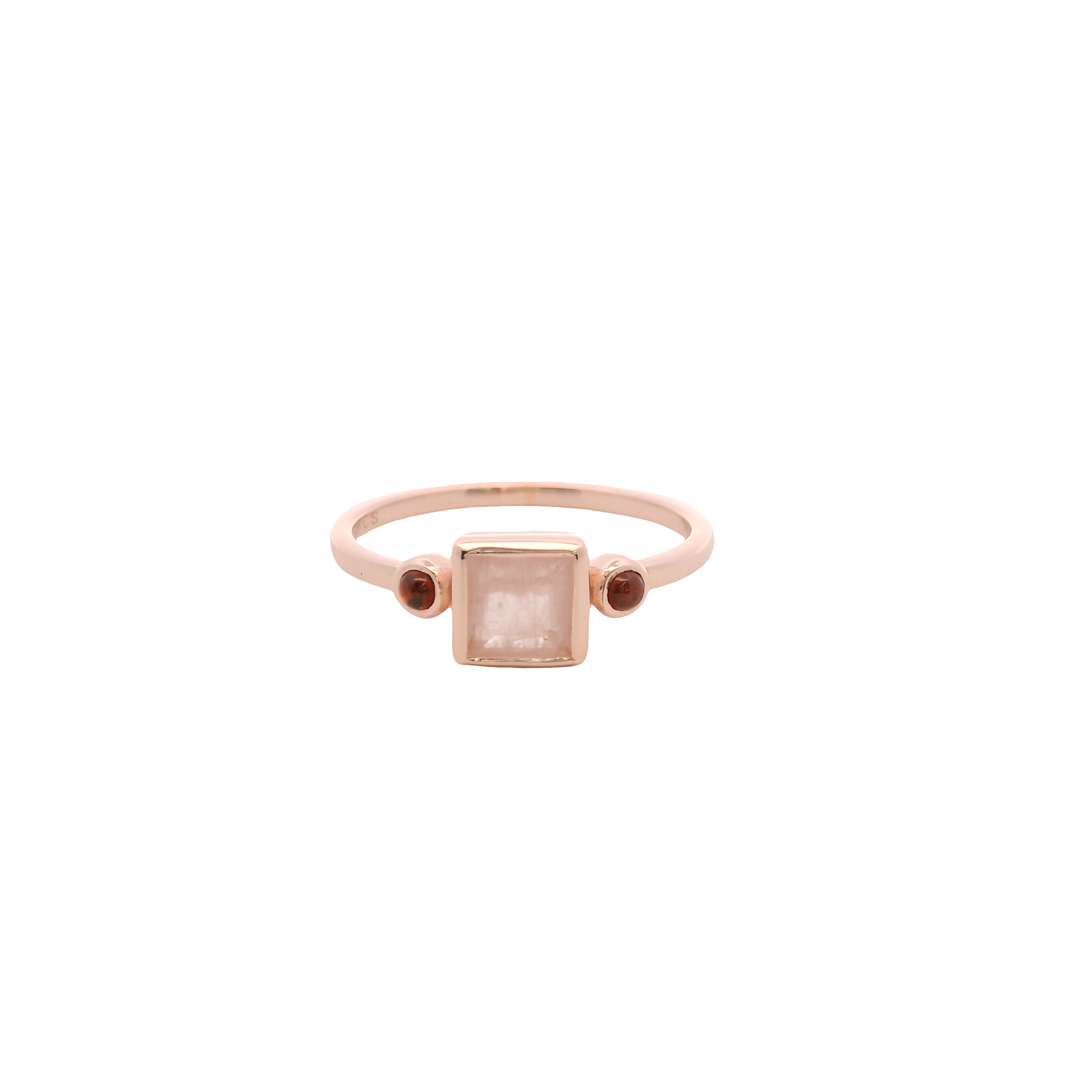 925RG SQUARE BEZEL ROSE QUARTZ WITH TWO STONE GARNET RING T6.5
