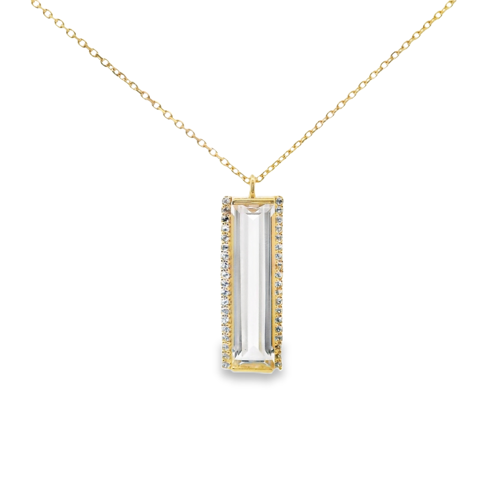 925YG SOLITARY BAGUETTE ROCK CRYSTAL WITH TOPAZ WHITE NECKLACE