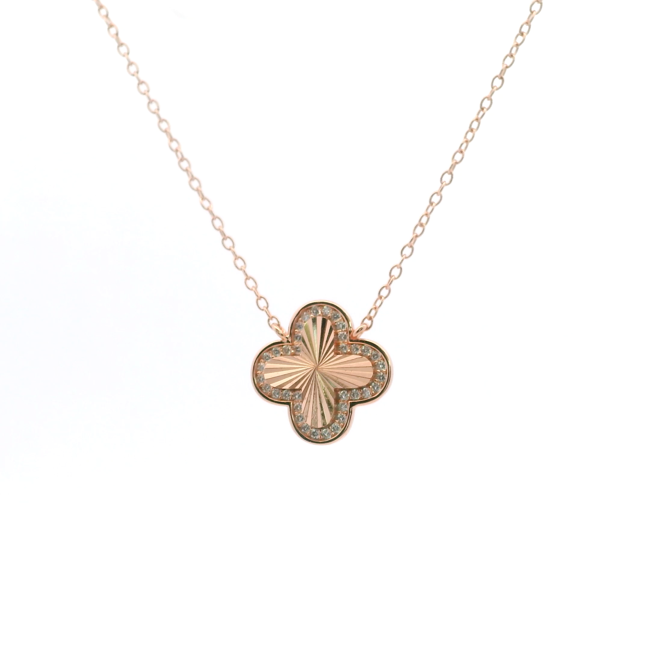 925RG CLOVER TEXTURE WITH CZ AROUND NECKLACE