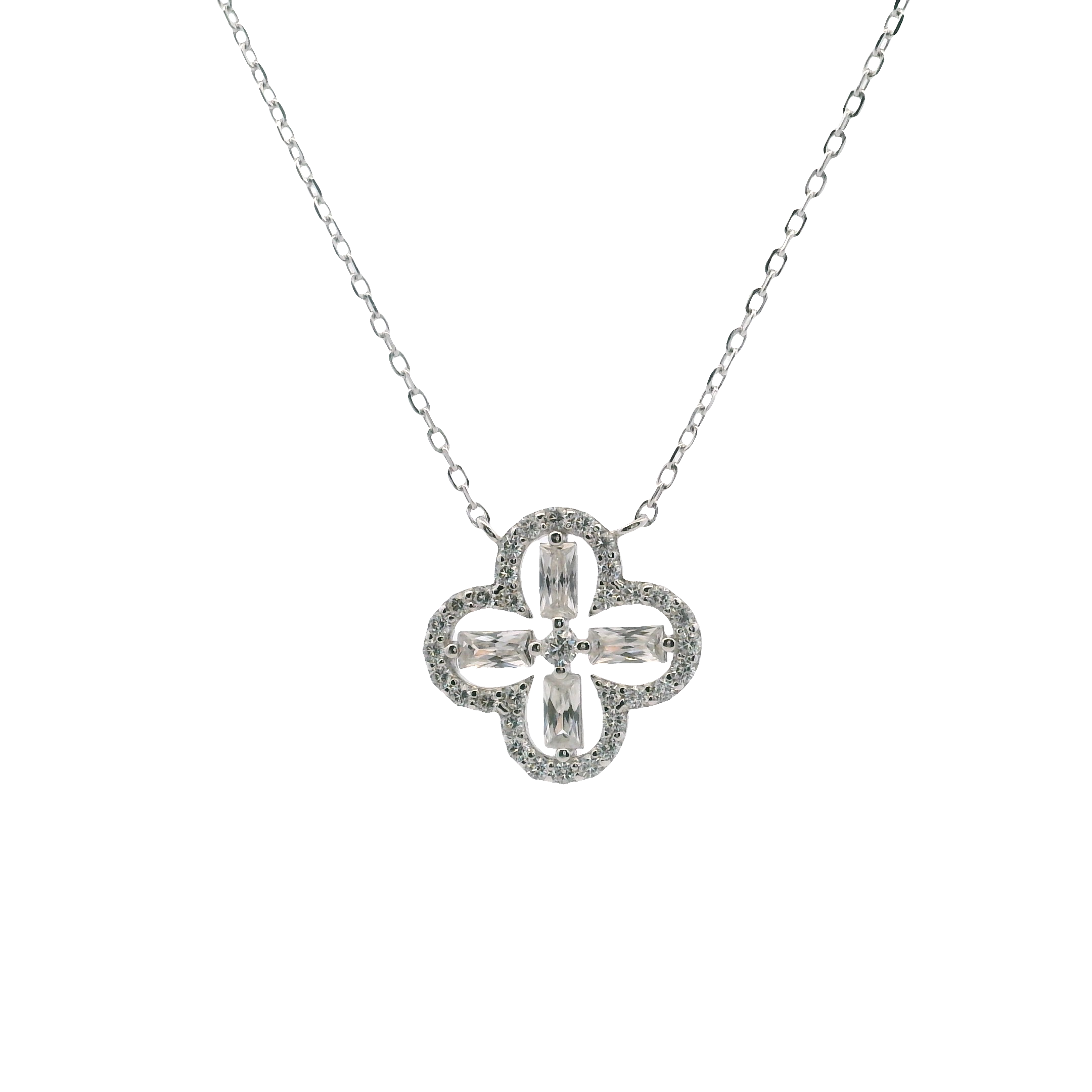 925SL OUTLINE CLOVER CZ NECKLACE
