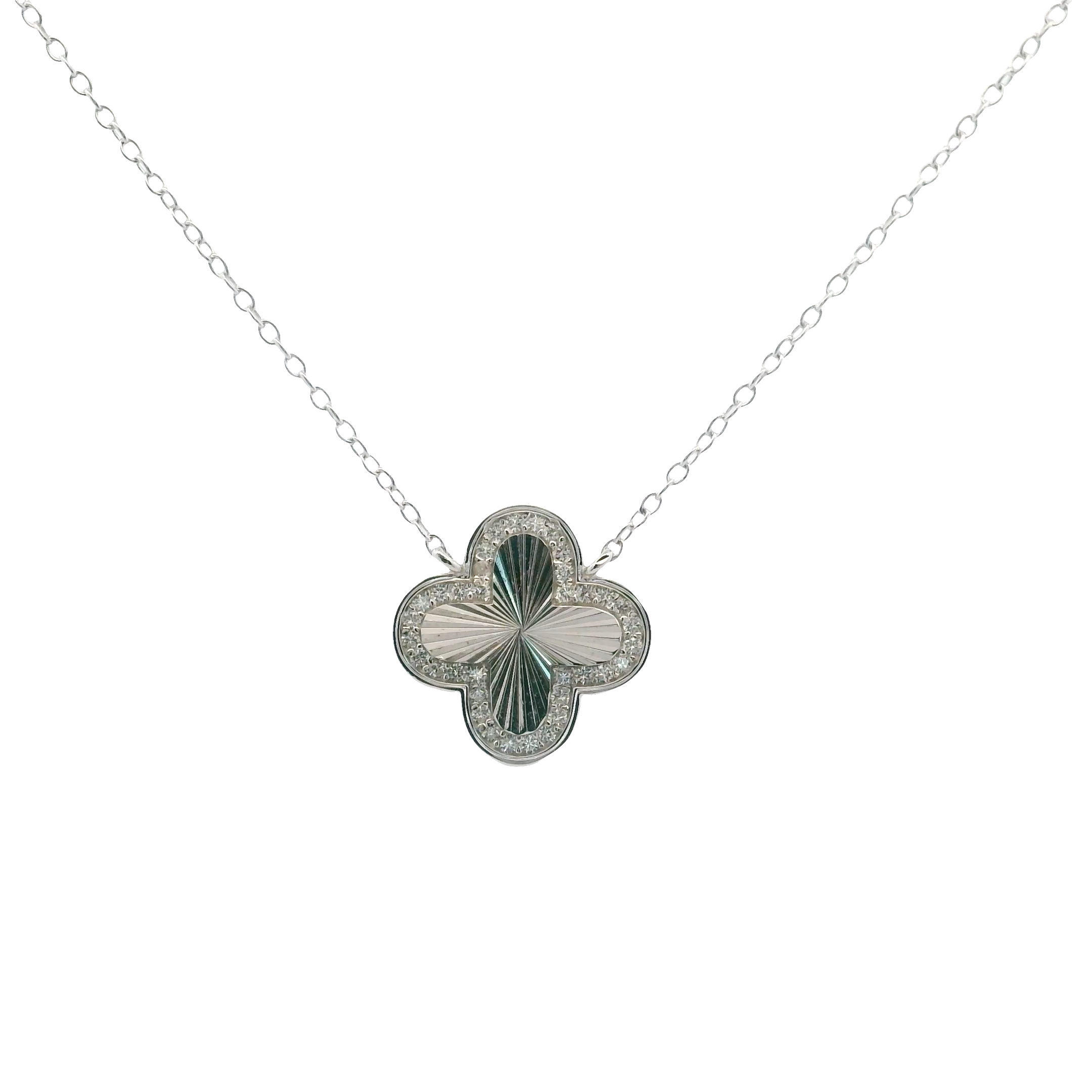 925SL CLOVER TEXTURE WITH CZ AROUND NECKLACE