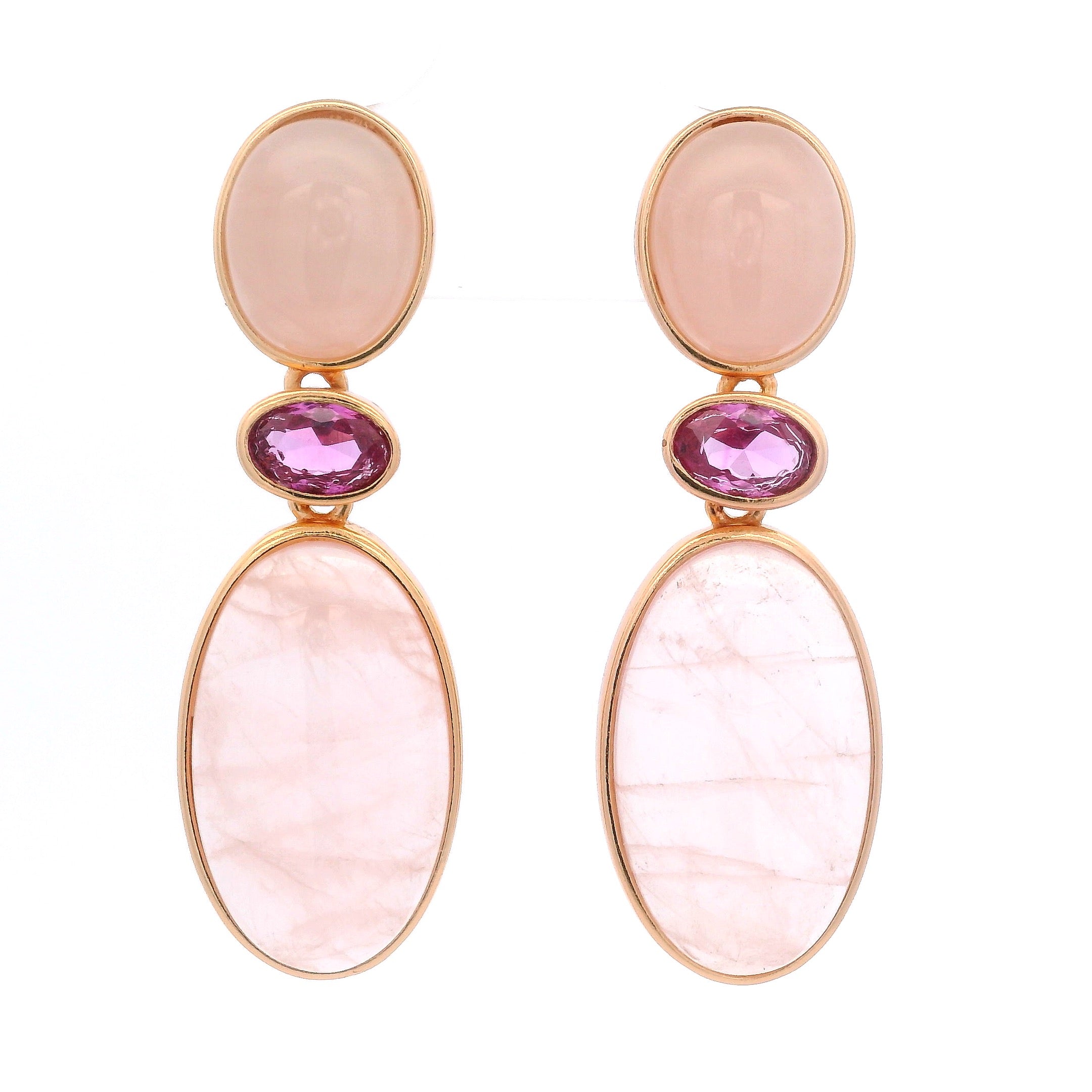 925RG DROP TRIPLE SHAPE EARRINGS ROSE QUARTZ & CZ