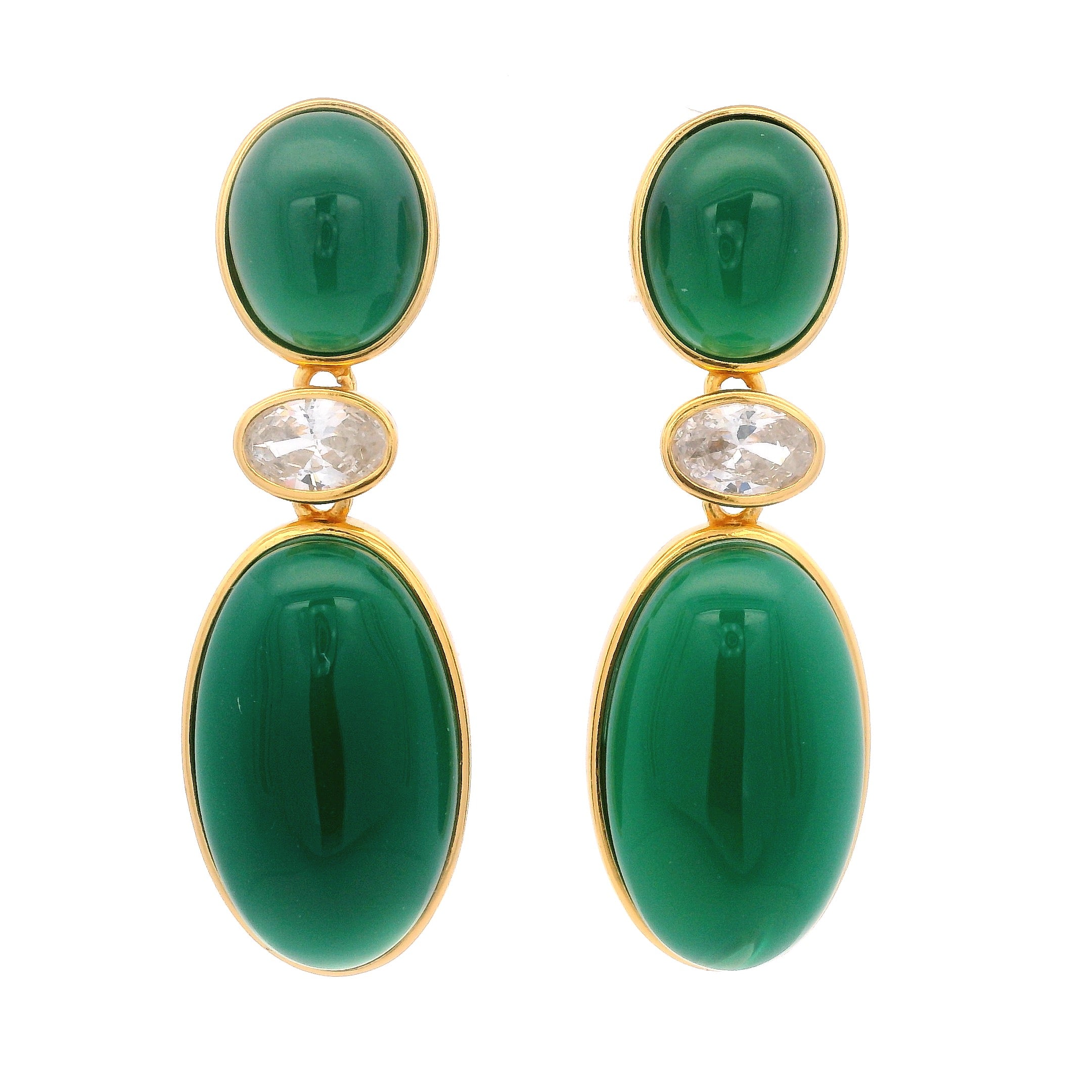 925YG DROP TRIPLE SHAPE EARRINGS QUARTZ GREEN & CZ