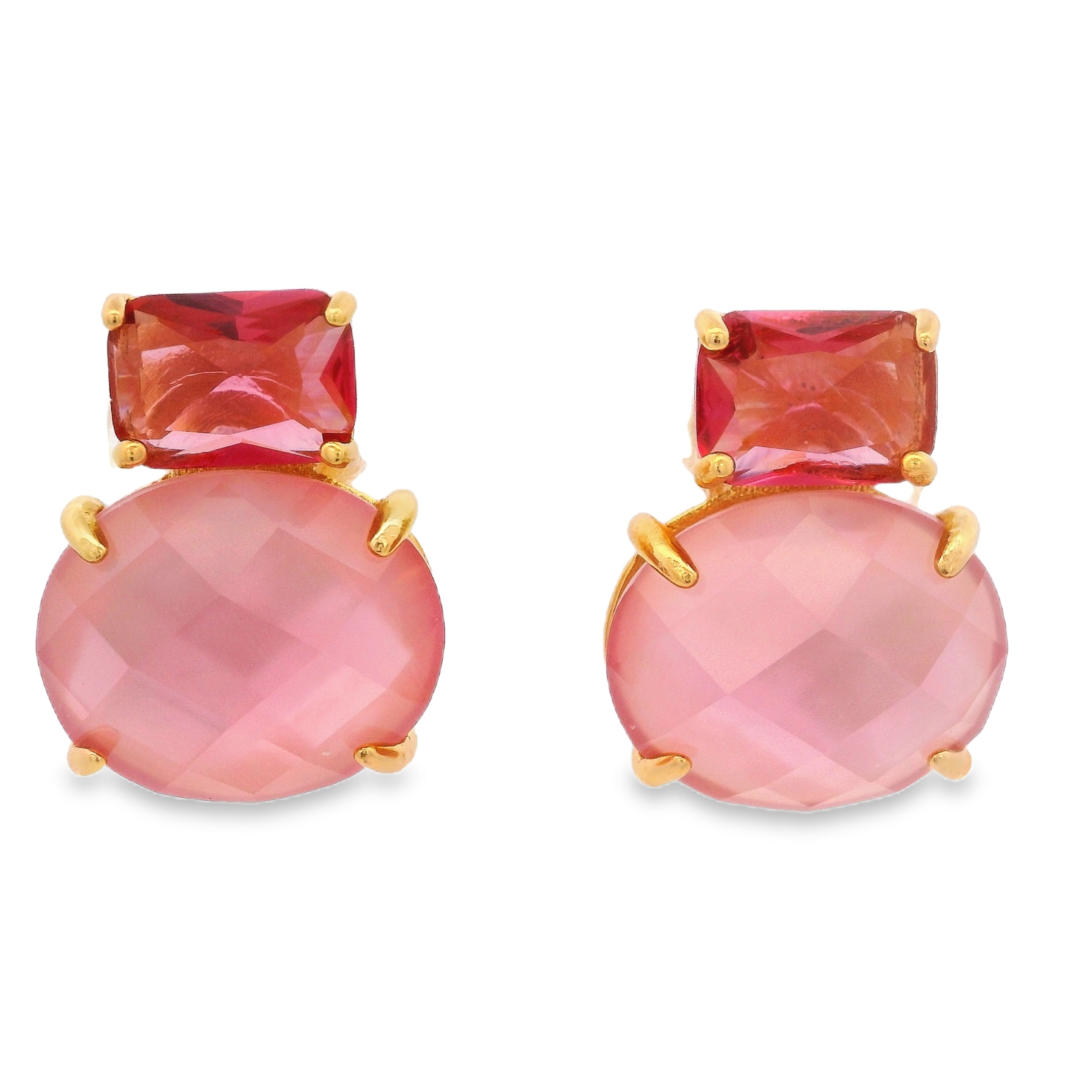 925YG SQUARE AND ROUND EARRINGS CZ ROSE