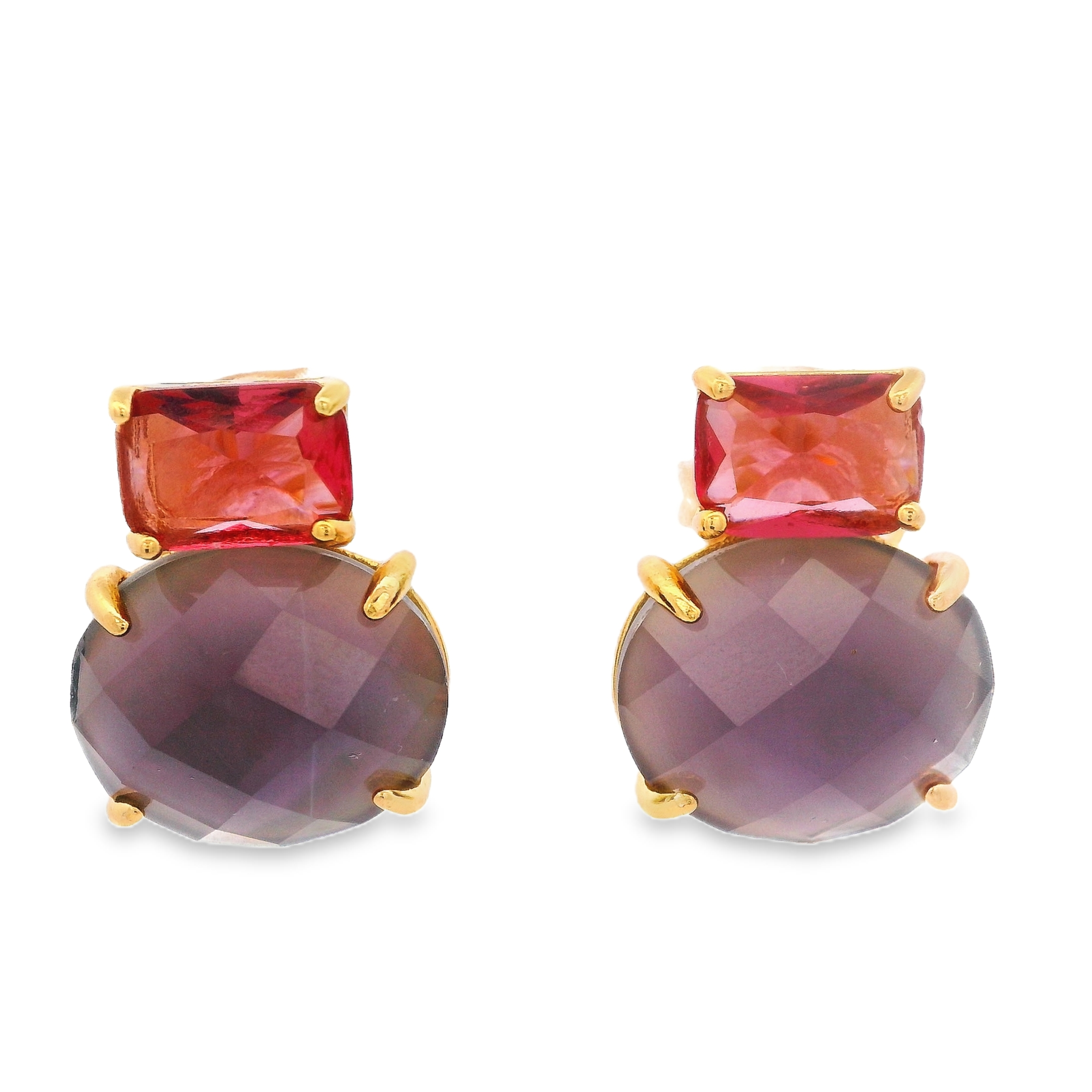 925YG SQUARE AND ROUND EARRINGS AMETHYST & CZ RED