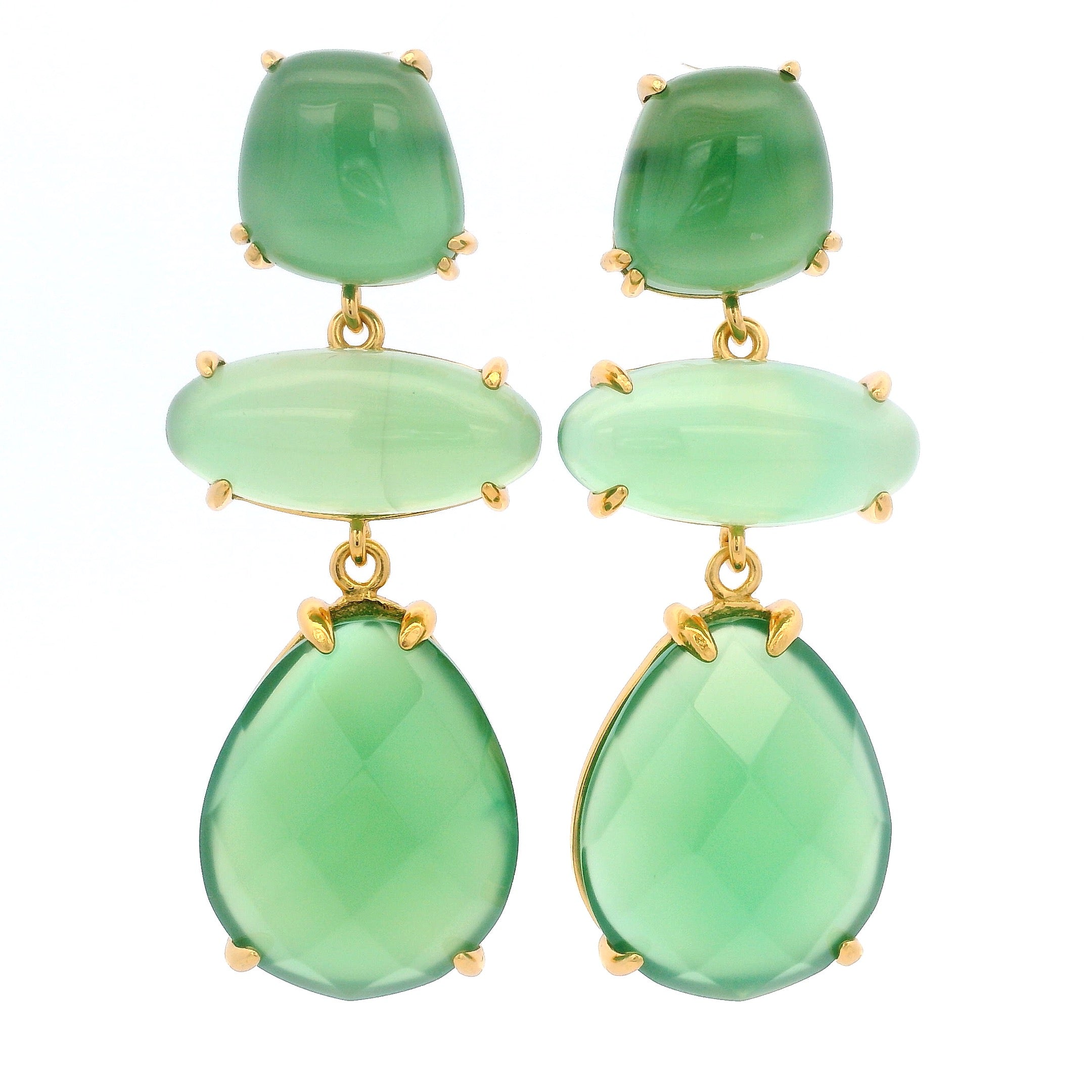 925YG DROP TRIPLE SHAPE EARRINGS QUARTZ & CZ GREEN