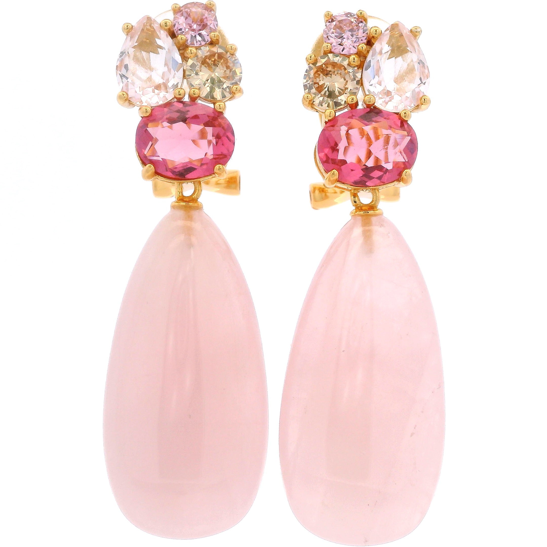 925YG CLUSTER AND DROP EARRINGS ROSE QUARTZ & CZ PINK