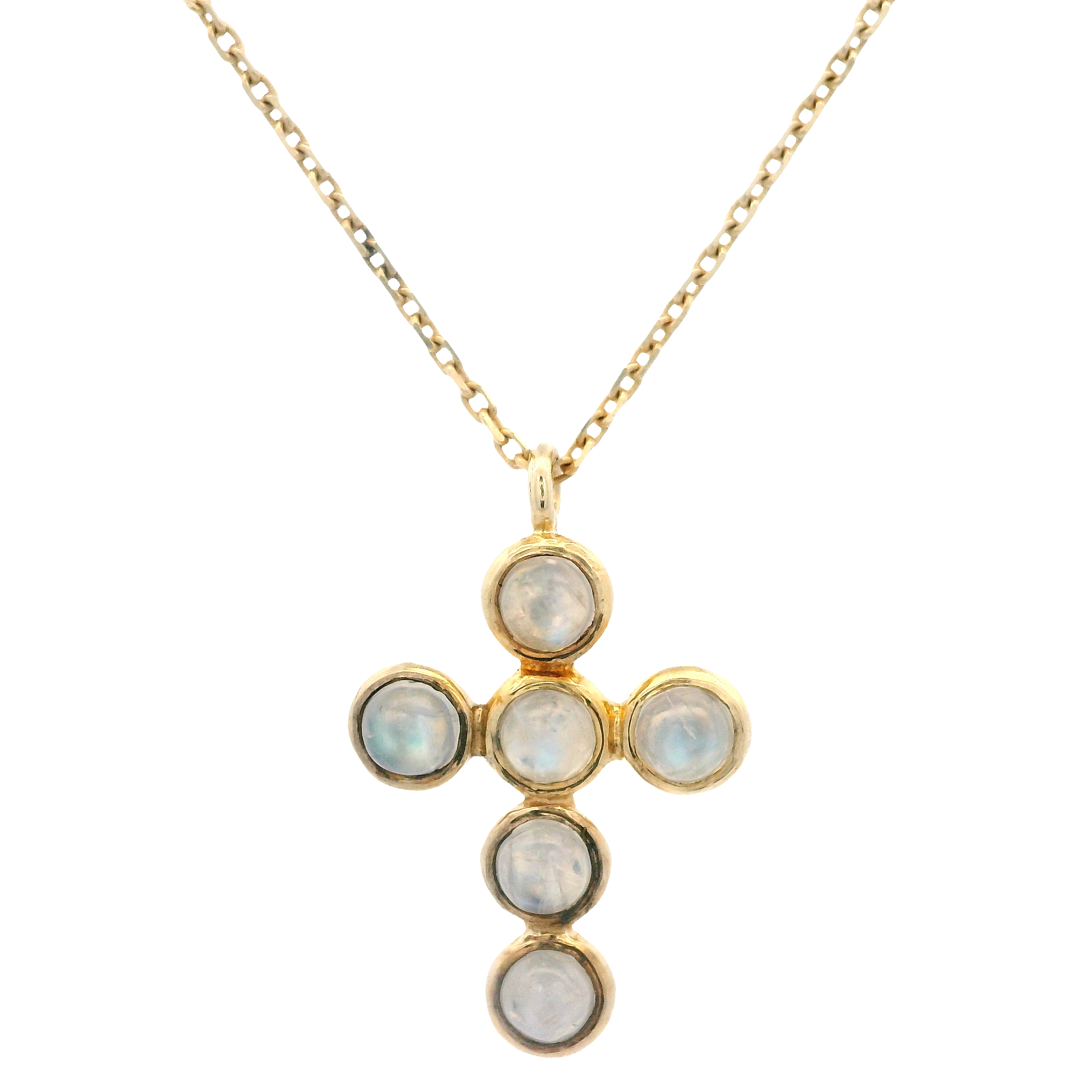 925YG SMALL CROSS BEZEL MOONSTONE RAINBOW NECKLACE