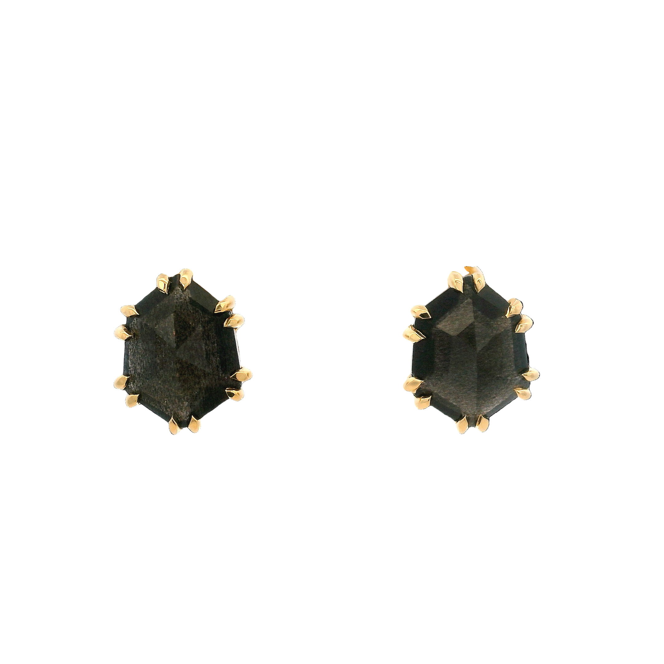 Hexagonal black gemstone earrings with gold accents on a white background