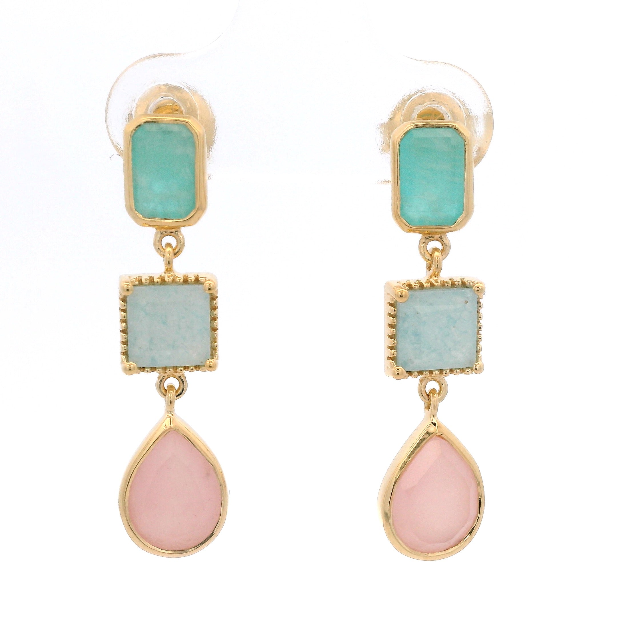 925YG MULTISHAPE DROP PINK QUARTZ AMAZONITE EARRINGS