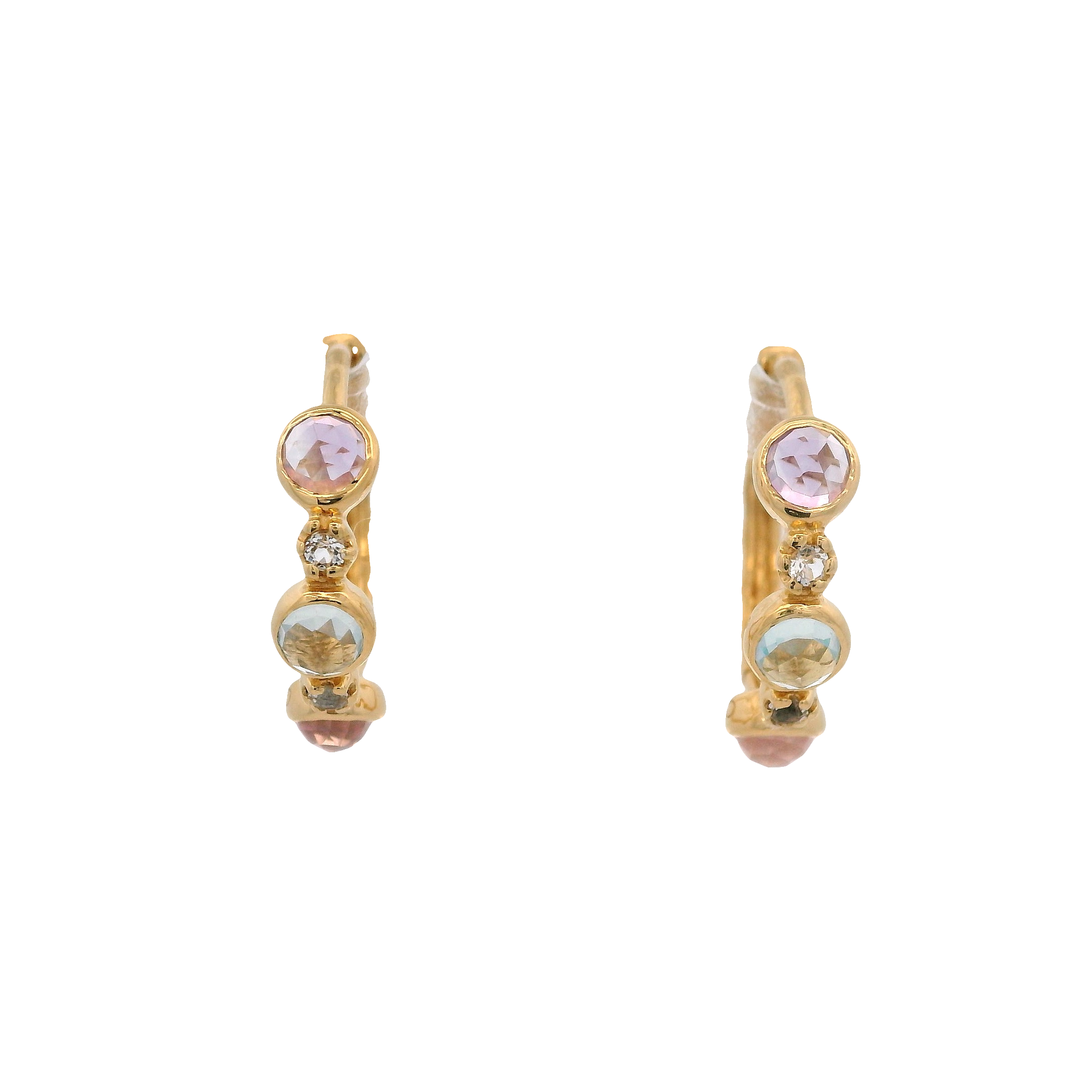 925YG 3 STONE AMETHYST TOPAZ BLUE AND TOPAZ WHITE EARRINGS