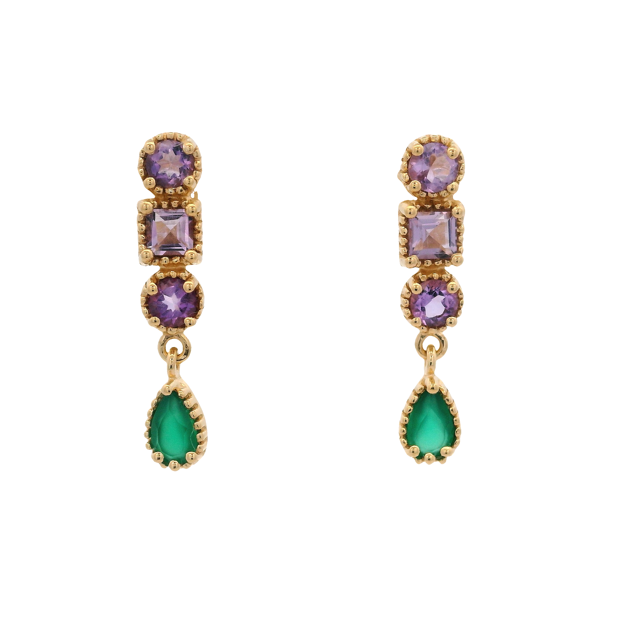 925YG MULTI SHAPE AMETHYST DROP ONYX GREEN EARRINGS