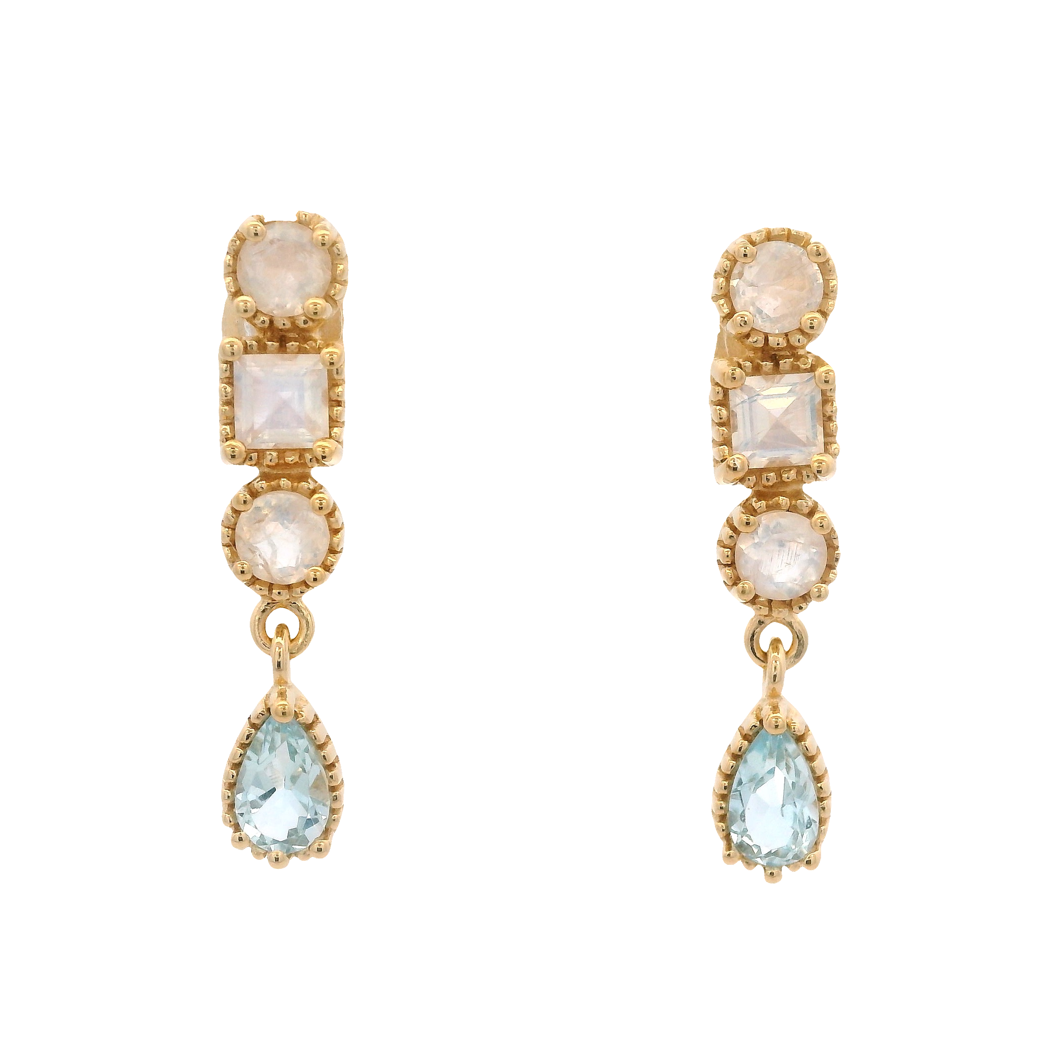 925YG MULTI SHAPE MOOSTONE DROP TOPAZ BLUE EARRINGS