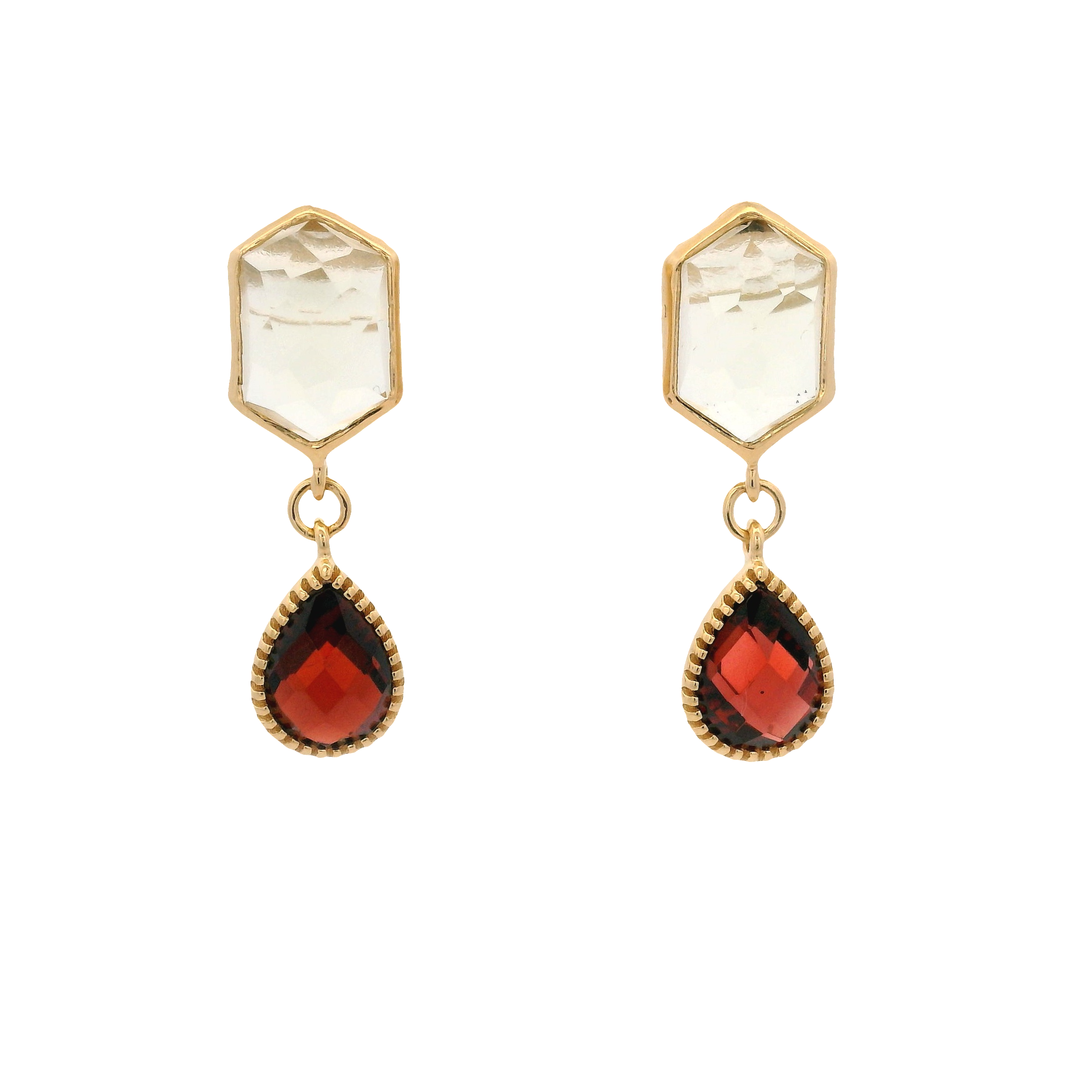 925YG HEXAGONAL LEMON QUARTZ WITH DROP GARNET EARRINGS