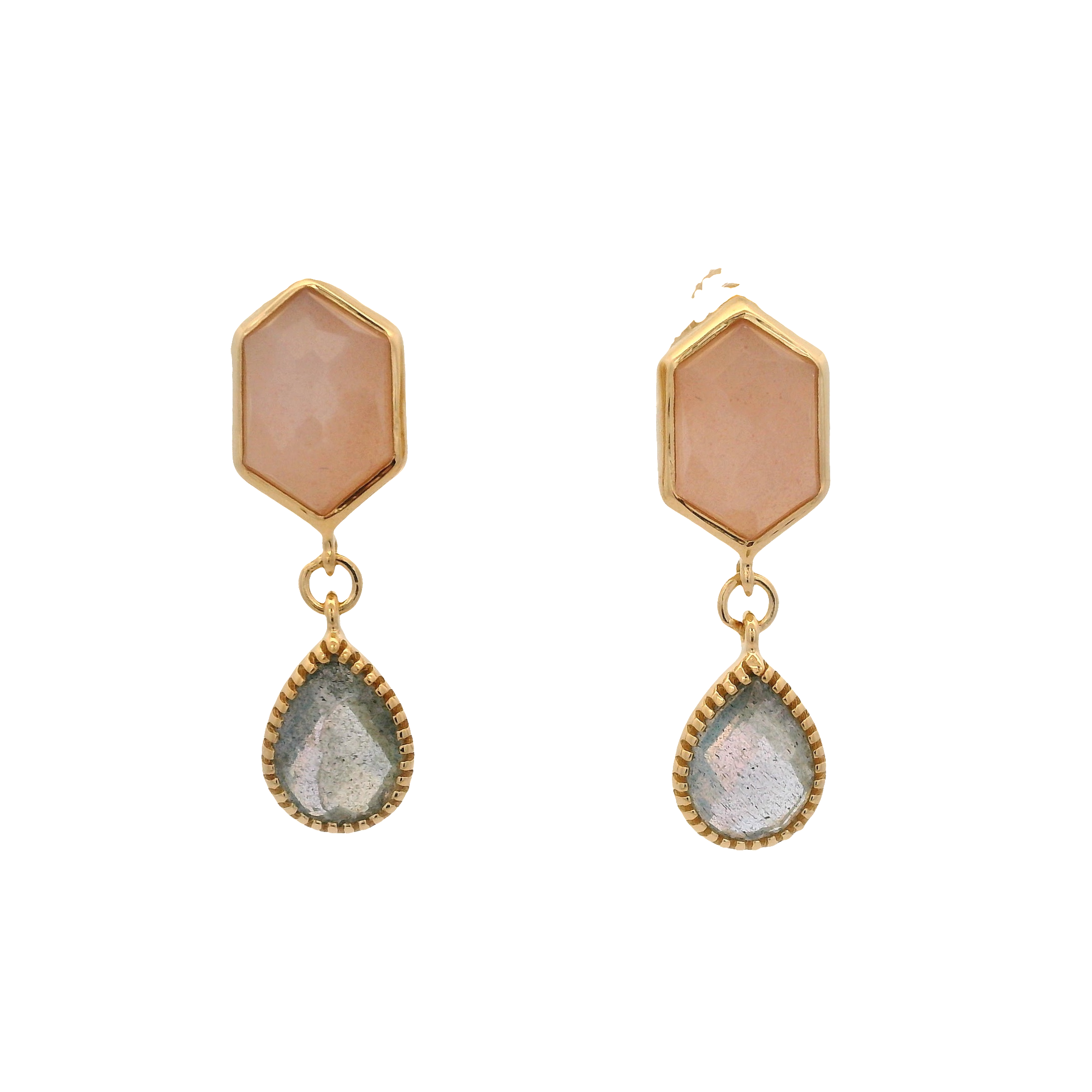 925YG HEXAGONAL MOOSTONE PEACH DROP LABRADORITE EARRINGS