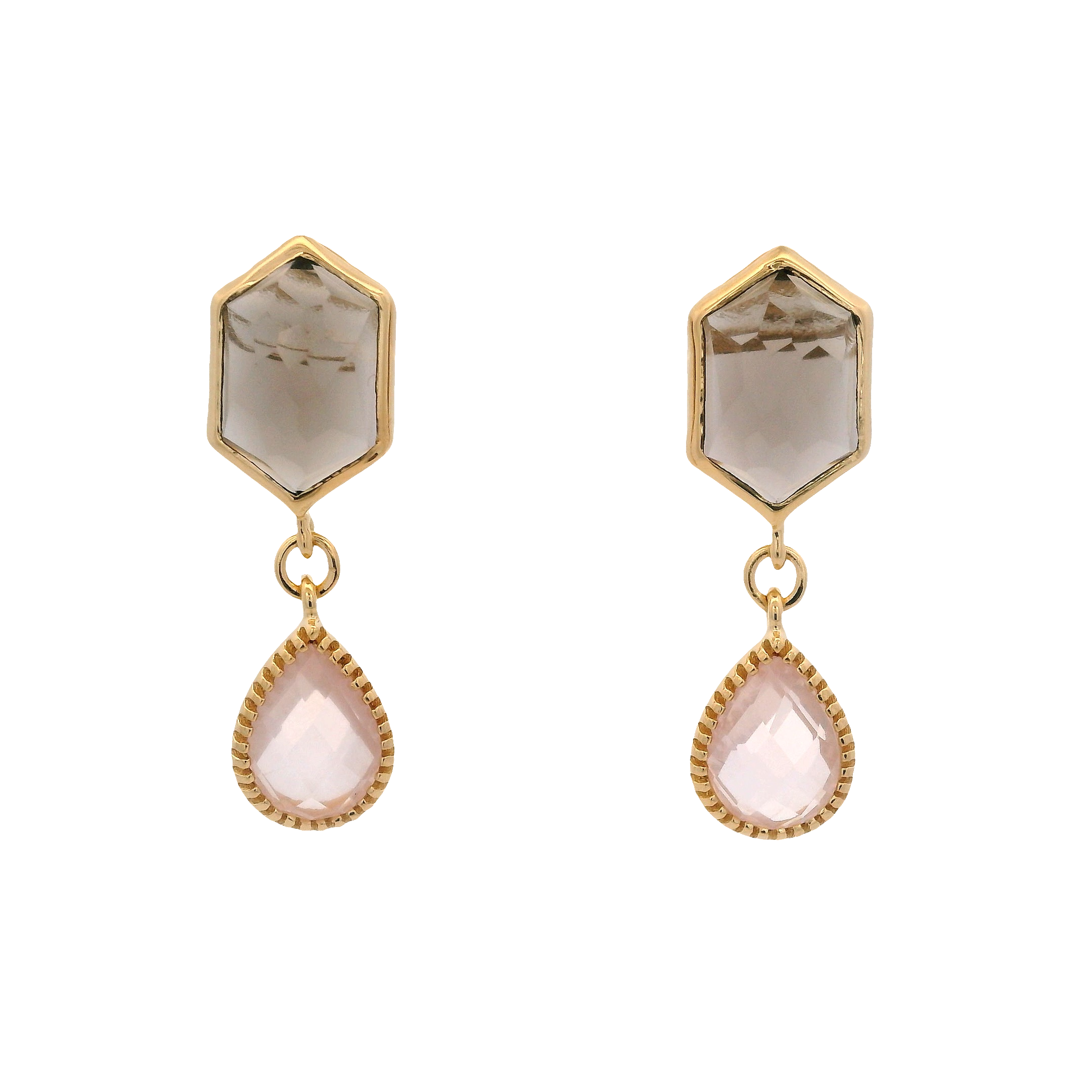925YG HEXAGONAL SMOKY QUARTZ DROP ROSE QUARTZ EARRINGS