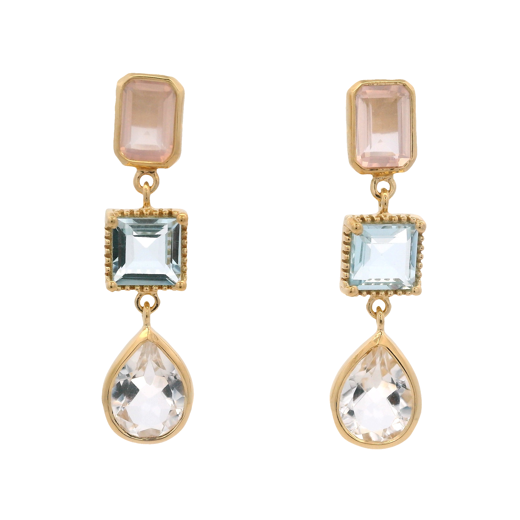 925YG MULTISHAPE DROP ROCK CRYSTAL TOPAZ BLUE EARRINGS