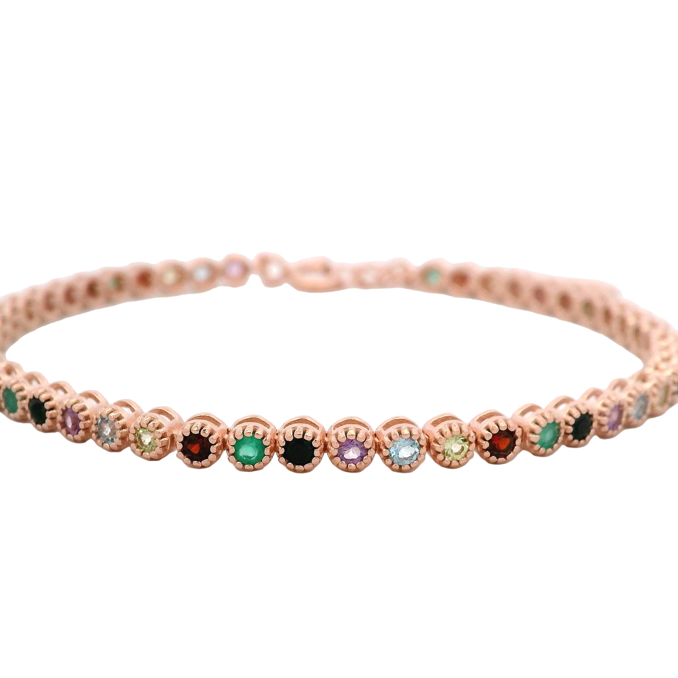 Rose gold bracelet with multicolored gemstones on a white background