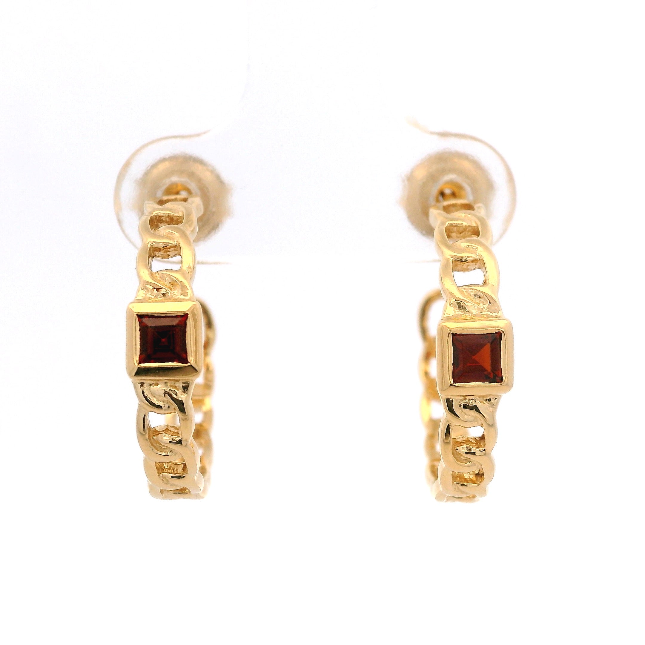 925YG SQUARE GARNET CURB LINK HUGGIES