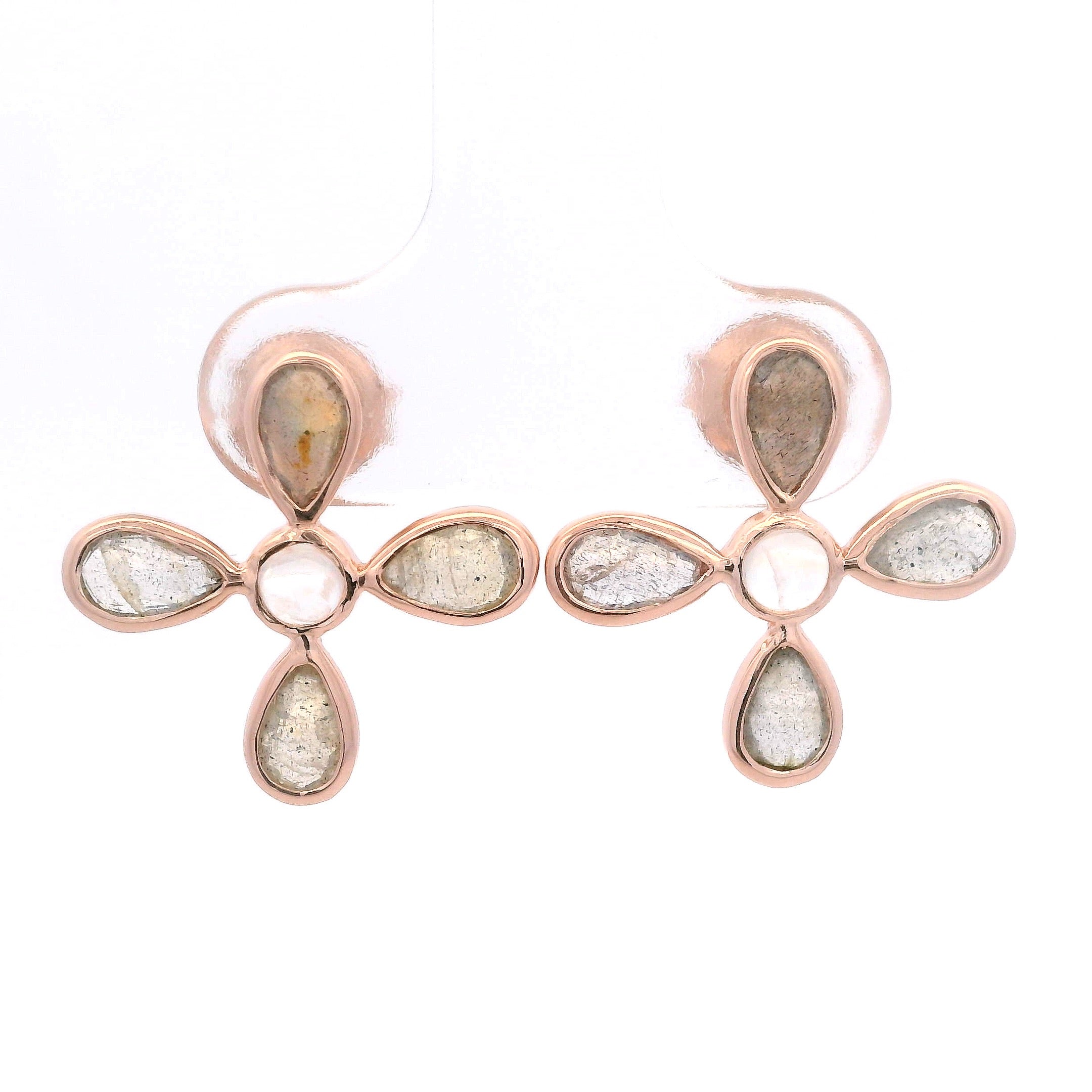 925RG FLOWER LABRADORITE CENTER MOOSTONE EARRINGS