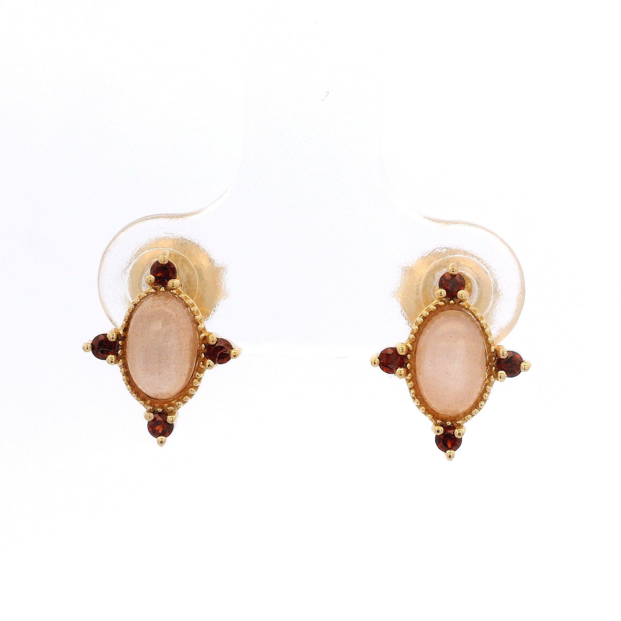 925YG OVAL MOOSTONE PEACH 4 POINTS GARNET EARRINGS