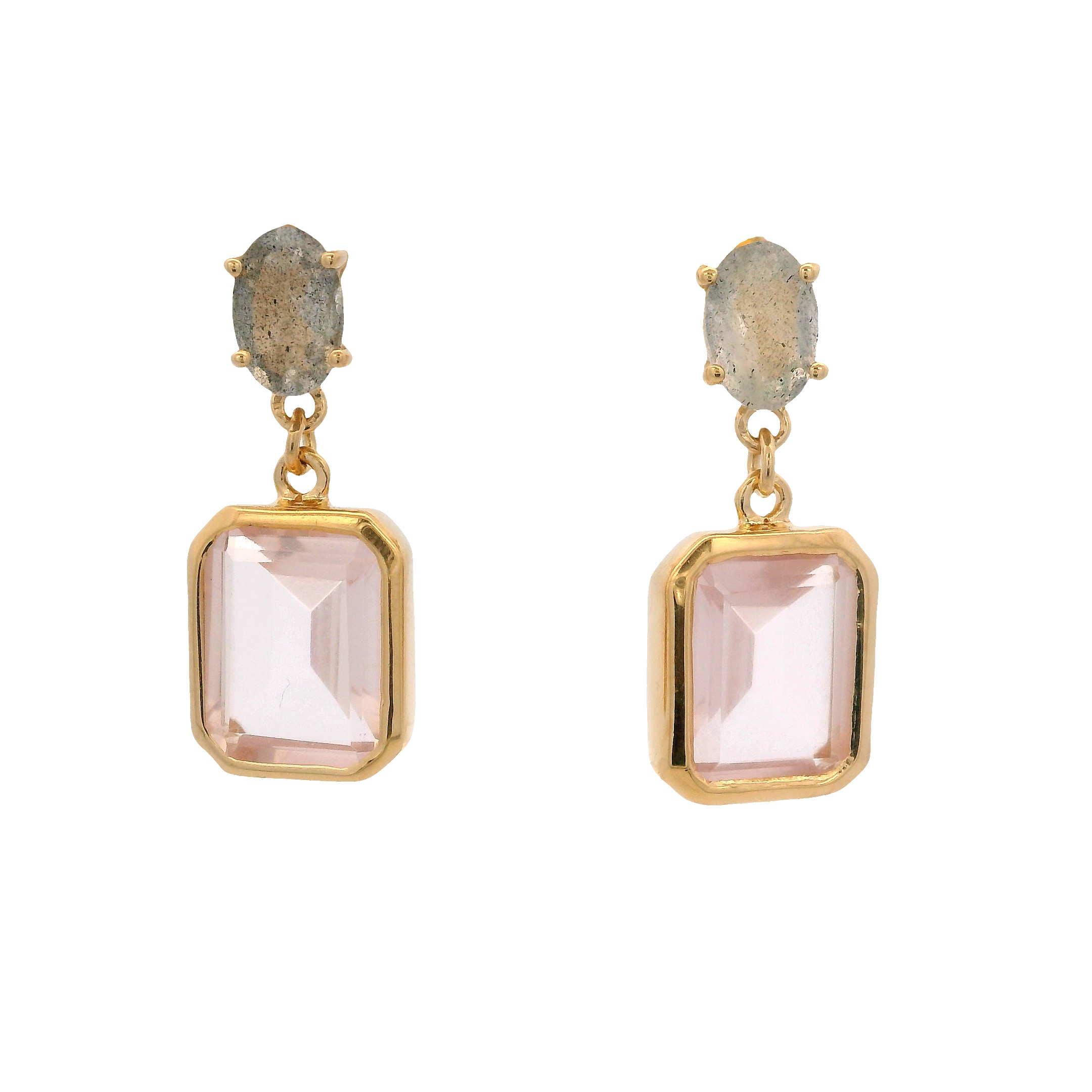 925YG LABRADORITE DROP RECTAGLE ROSE QUARTZ EARRINGS