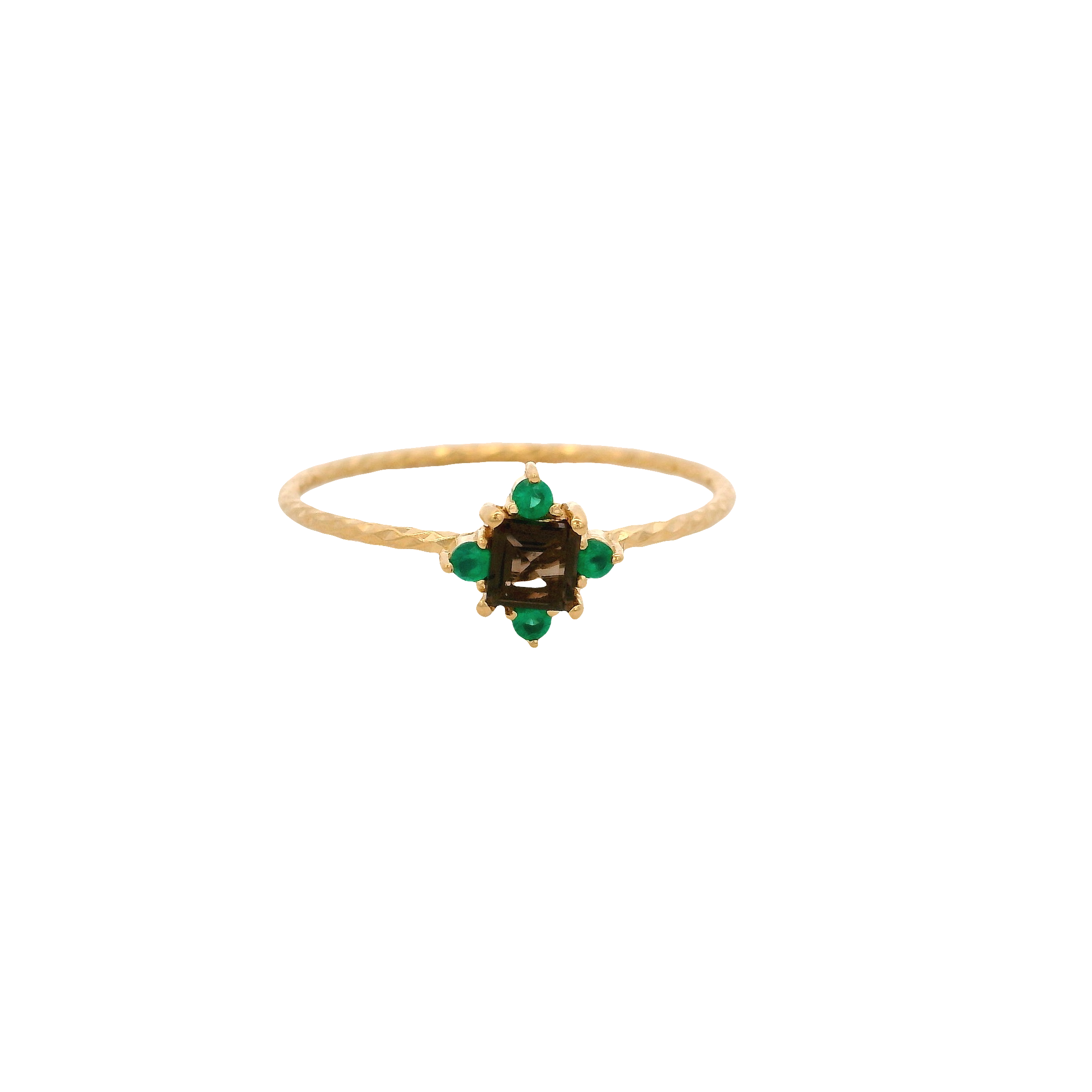 925YG SQUARE SMOKY QUARTZ POINTS ONYX GREEN RING T6.5