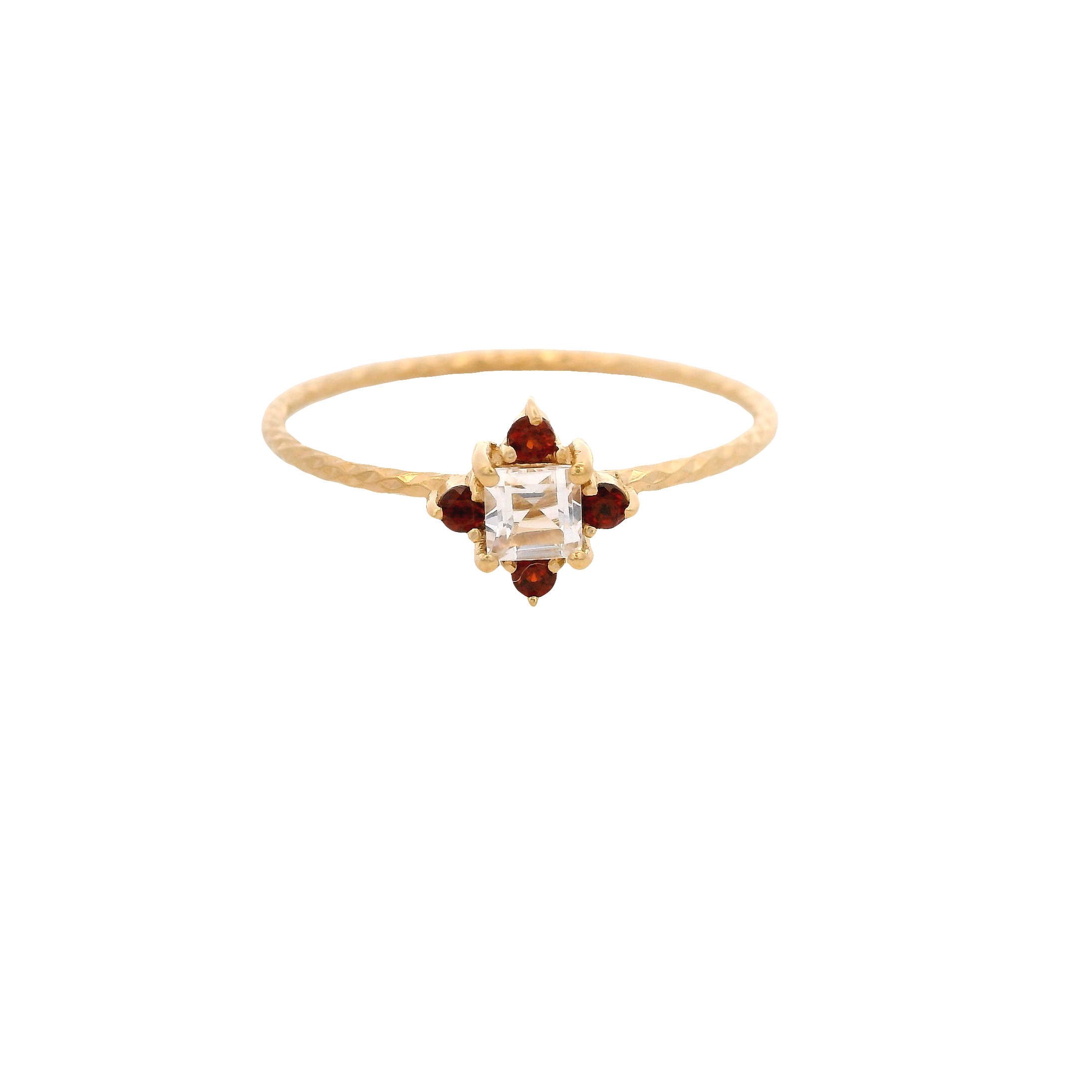 925YG SQUARE ROCK CRYSTAL POINTS GARNET RING T6.5