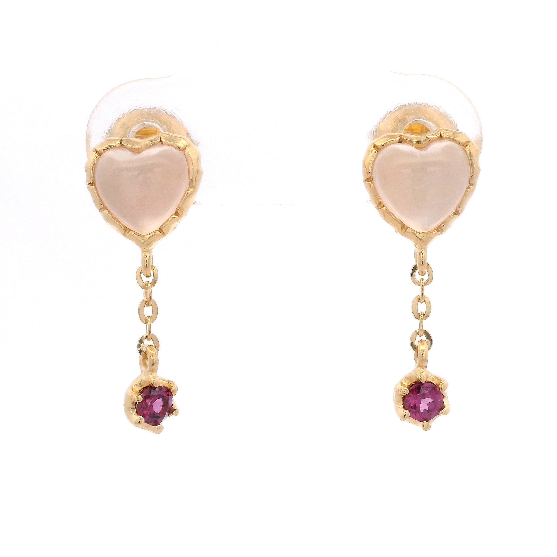 925YG HEART ROSE QUARTZ CHAIN RHODOLITE GARNET EARRINGS