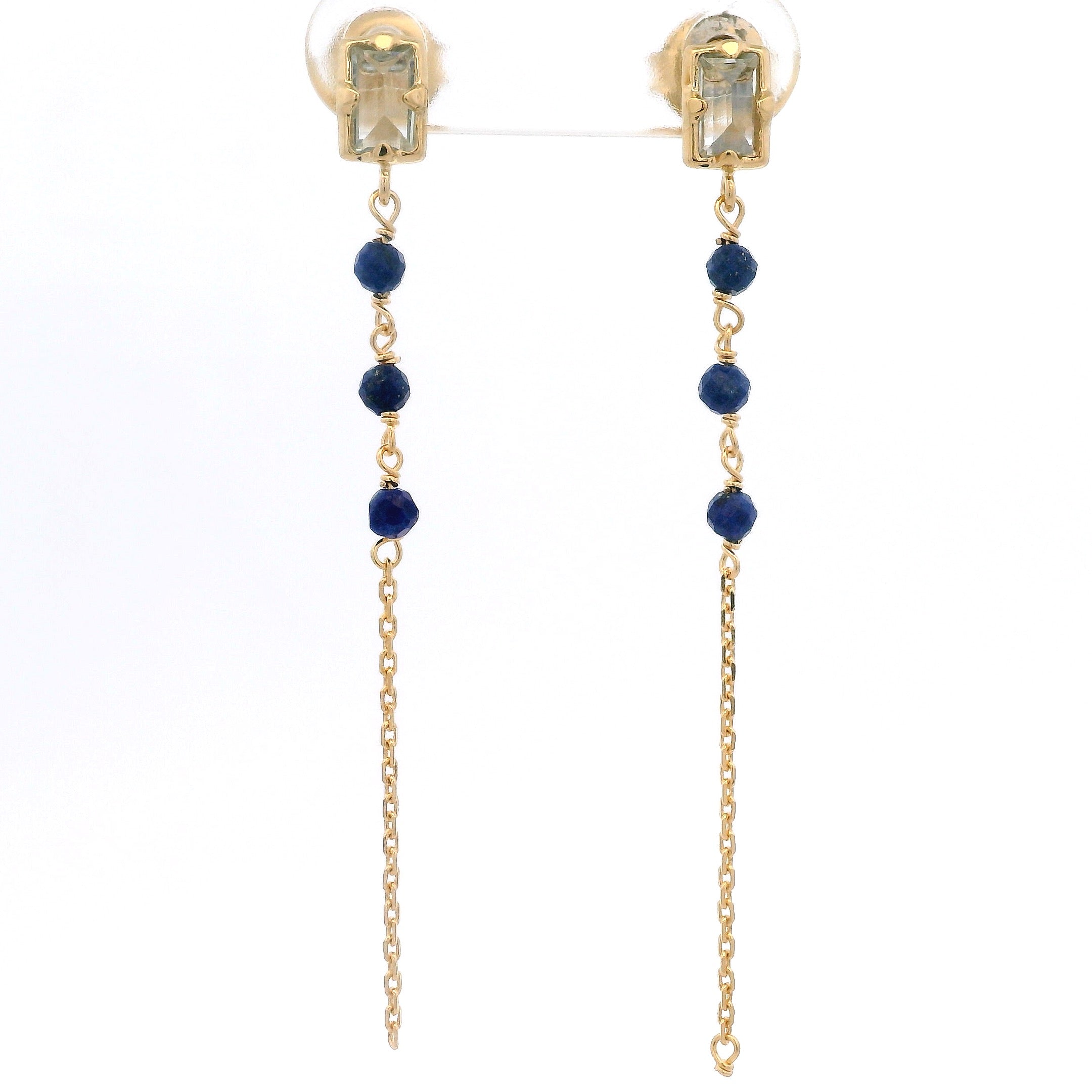 925YG MINI BAGUETTE TOPAZ BLUE CHAIN BEANDS LAPIS LAZULI EARRINGS